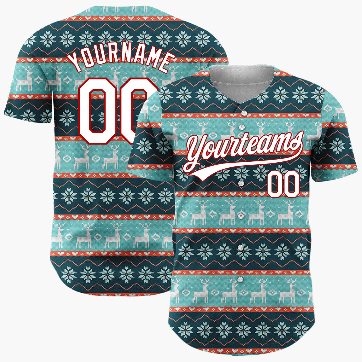 Custom Teal Red White Reindeer And Snowflakes Knitted Christmas Baseball Jersey
