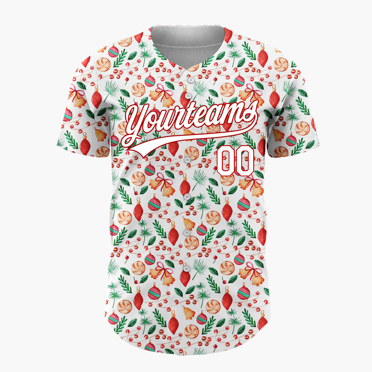 Custom White Christmas Lights And Baubles Colorful Cartoon Pattern Christmas Baseball Jersey