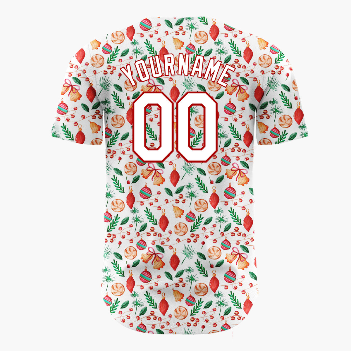 Custom White Christmas Lights And Baubles Colorful Cartoon Pattern Christmas Baseball Jersey