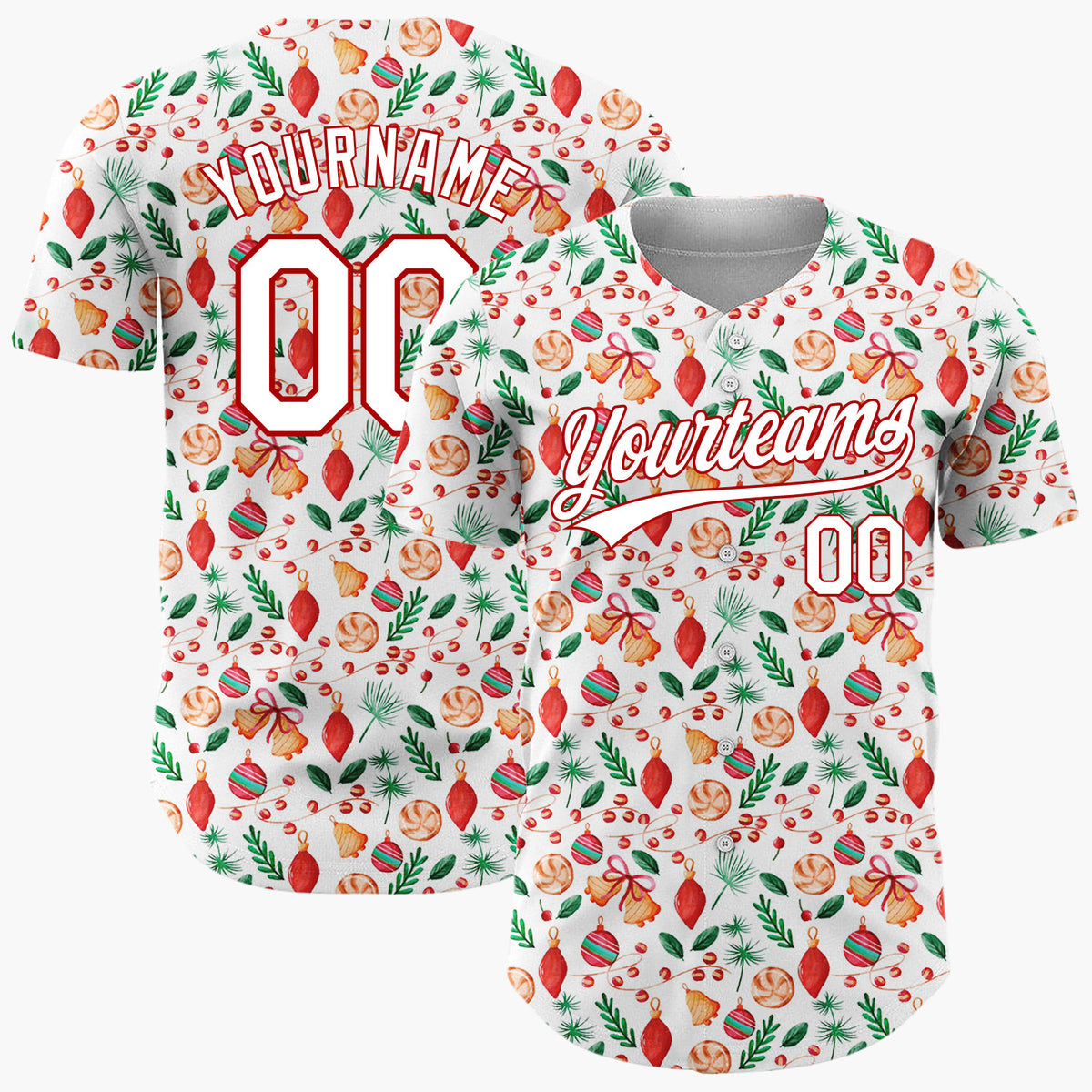 Custom White Christmas Lights And Baubles Colorful Cartoon Pattern Christmas Baseball Jersey