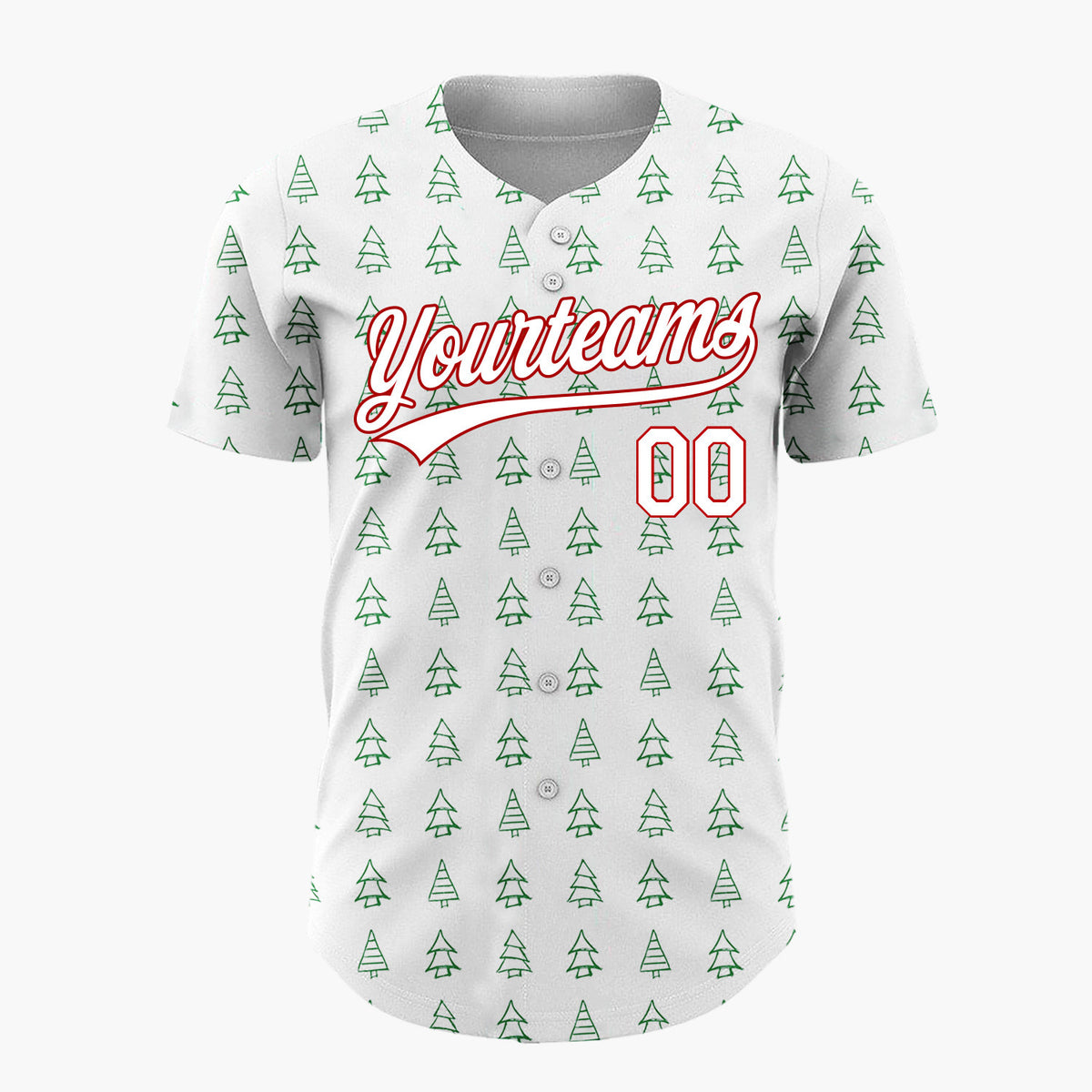 Custom White Green Doodle Christmas Trees Simple Line Pattern Christmas Baseball Jersey