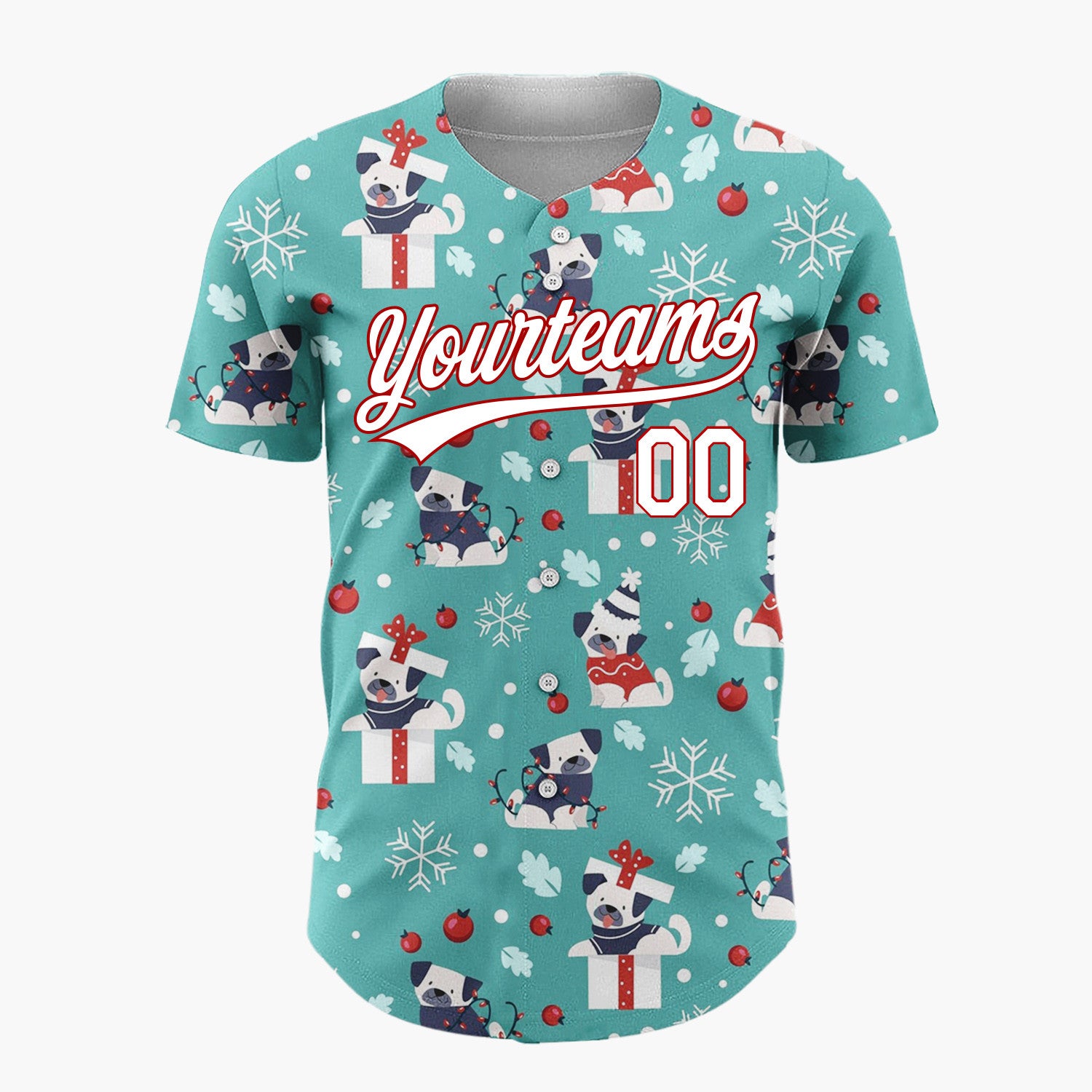 Custom Teal White Pugs In Gift Boxes And Sweaters Funny Christmas Baseball Jersey