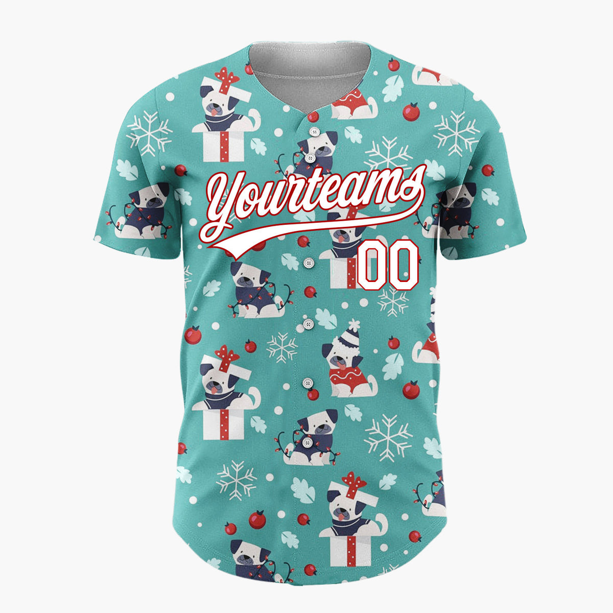 Custom Teal White Pugs In Gift Boxes And Sweaters Funny Christmas Baseball Jersey
