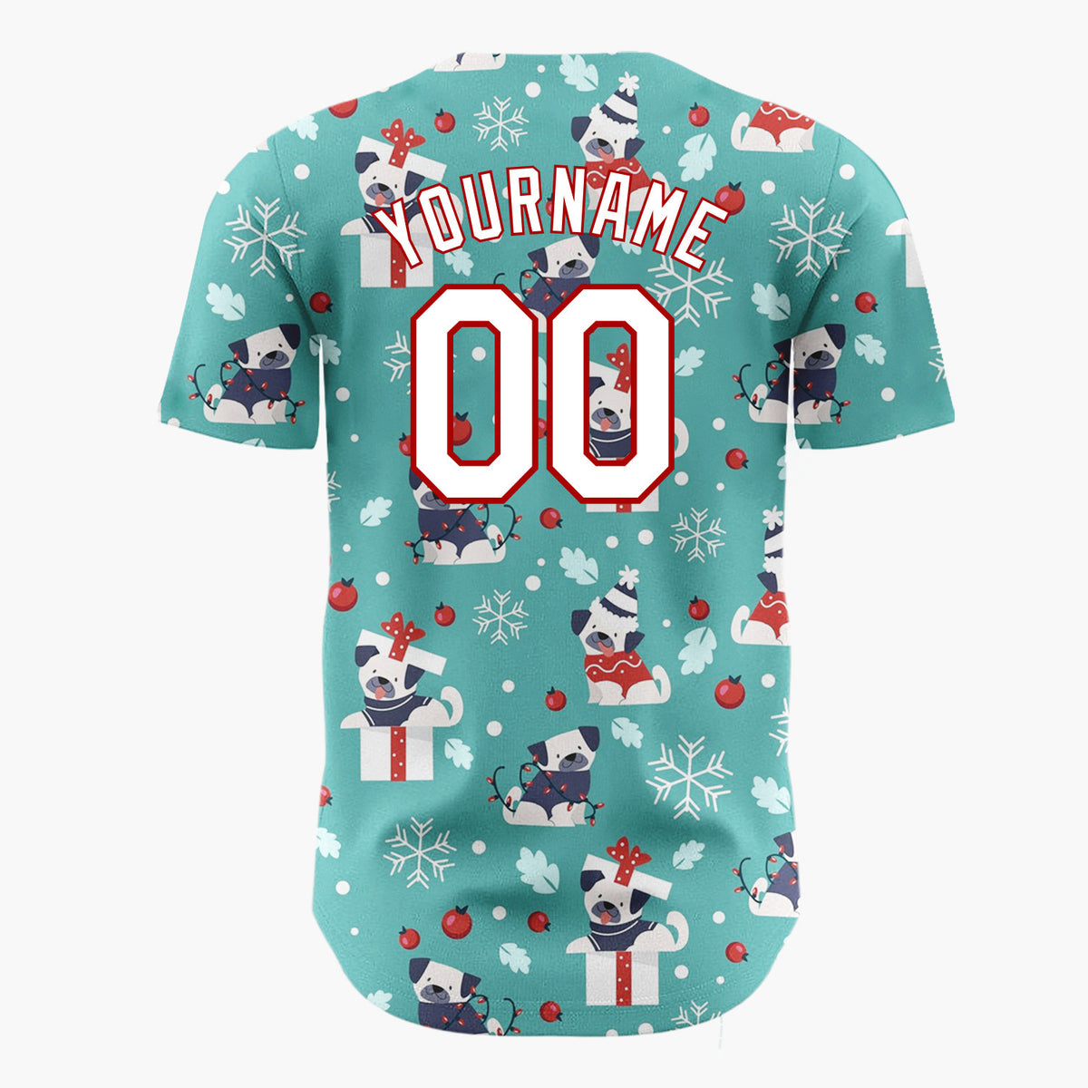 Custom Teal White Pugs In Gift Boxes And Sweaters Funny Christmas Baseball Jersey