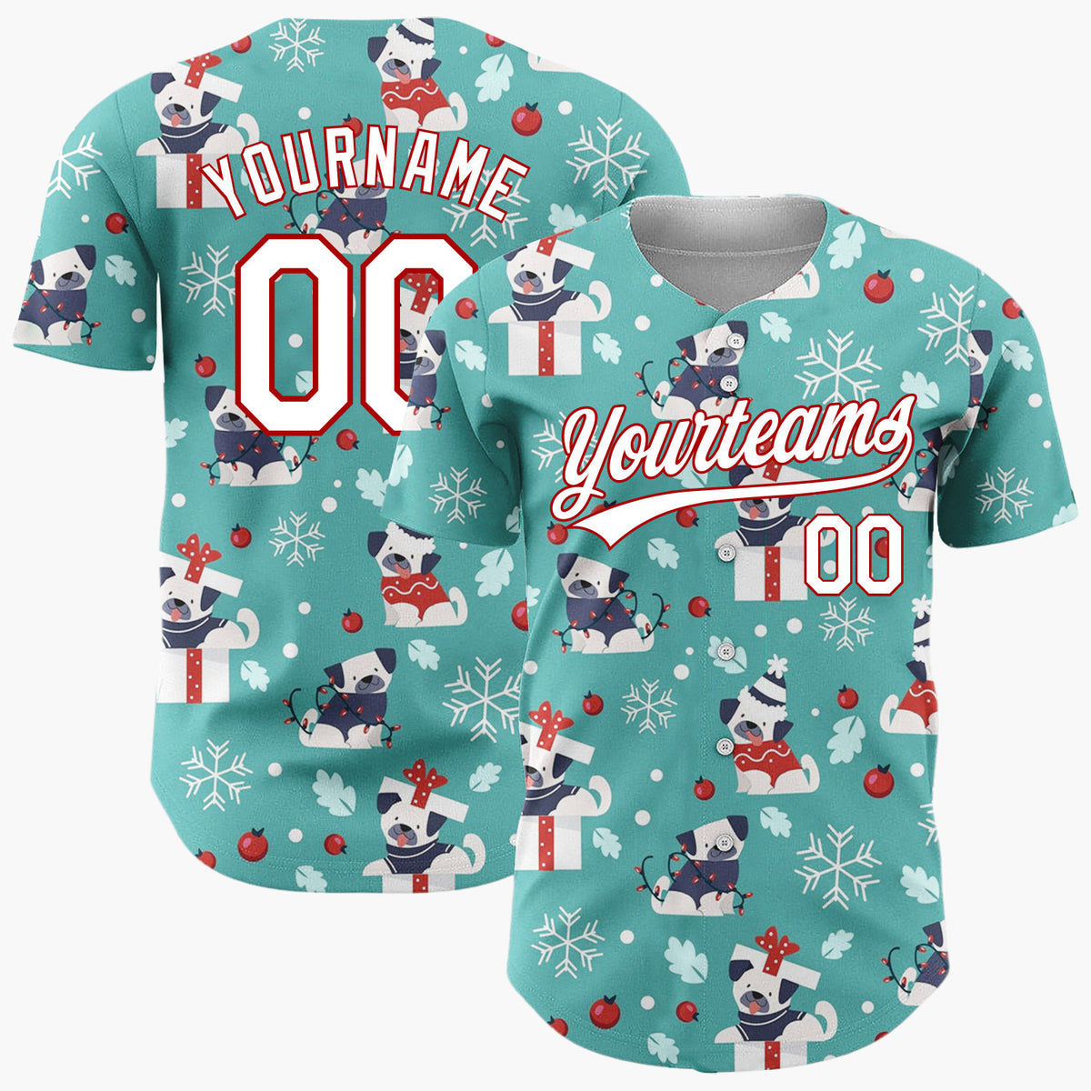 Custom Teal White Pugs In Gift Boxes And Sweaters Funny Christmas Baseball Jersey