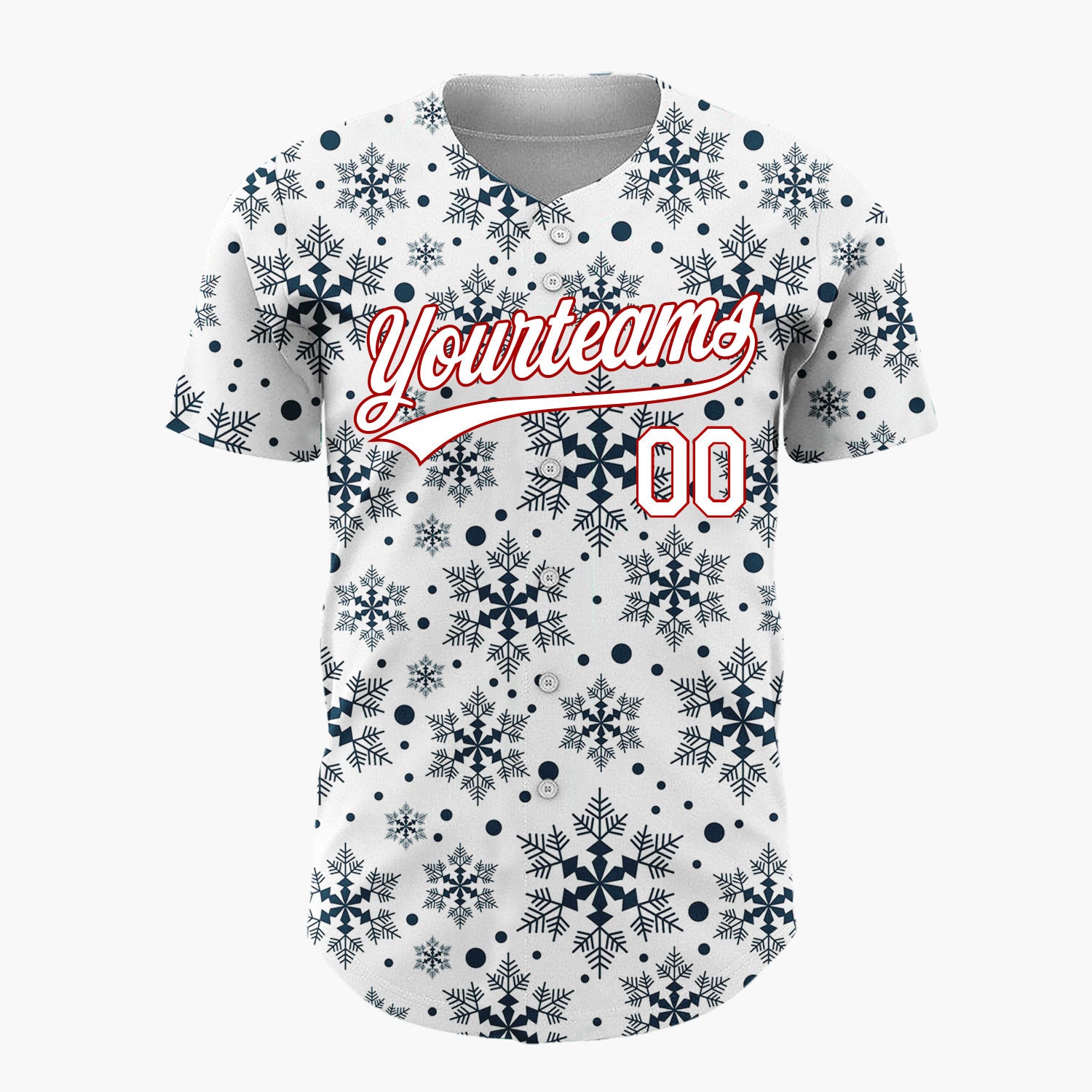 Custom White Dark Blue Snowflakes Repeat Geometric Pattern Christmas Baseball Jersey