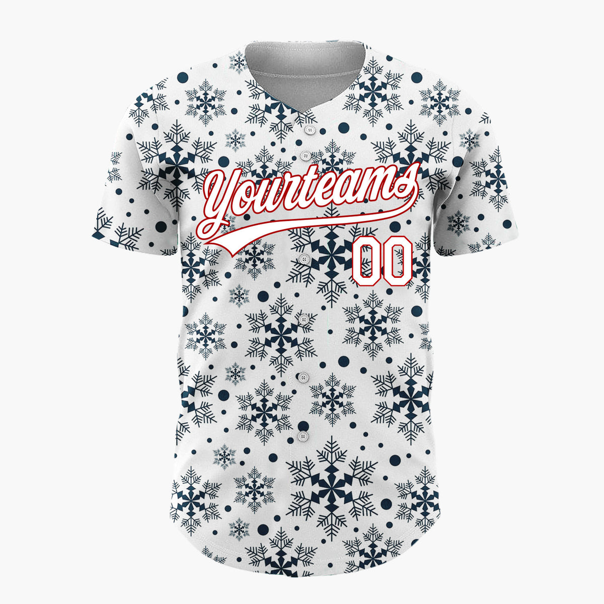 Custom White Dark Blue Snowflakes Repeat Geometric Pattern Christmas Baseball Jersey