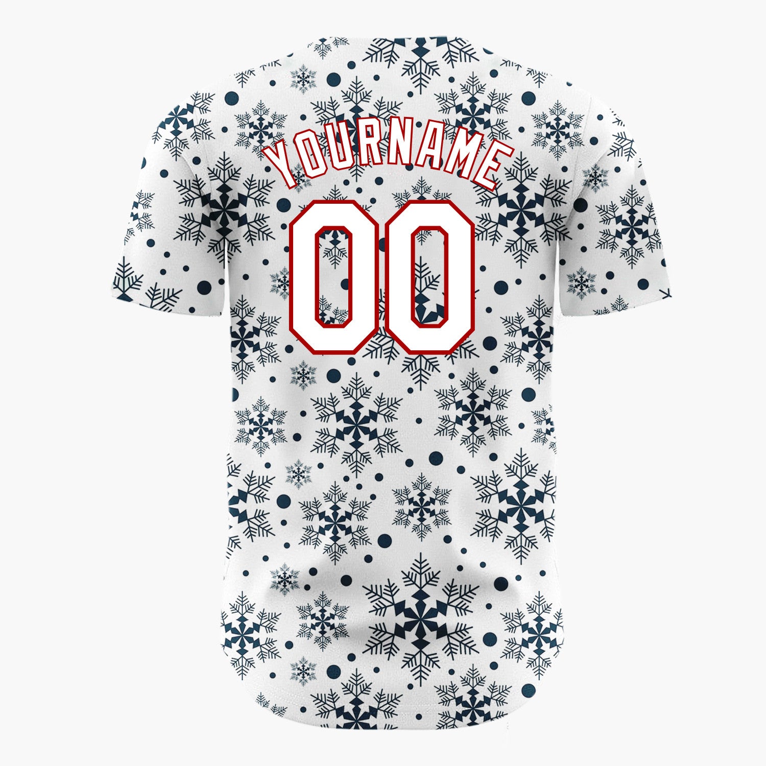 Custom White Dark Blue Snowflakes Repeat Geometric Pattern Christmas Baseball Jersey