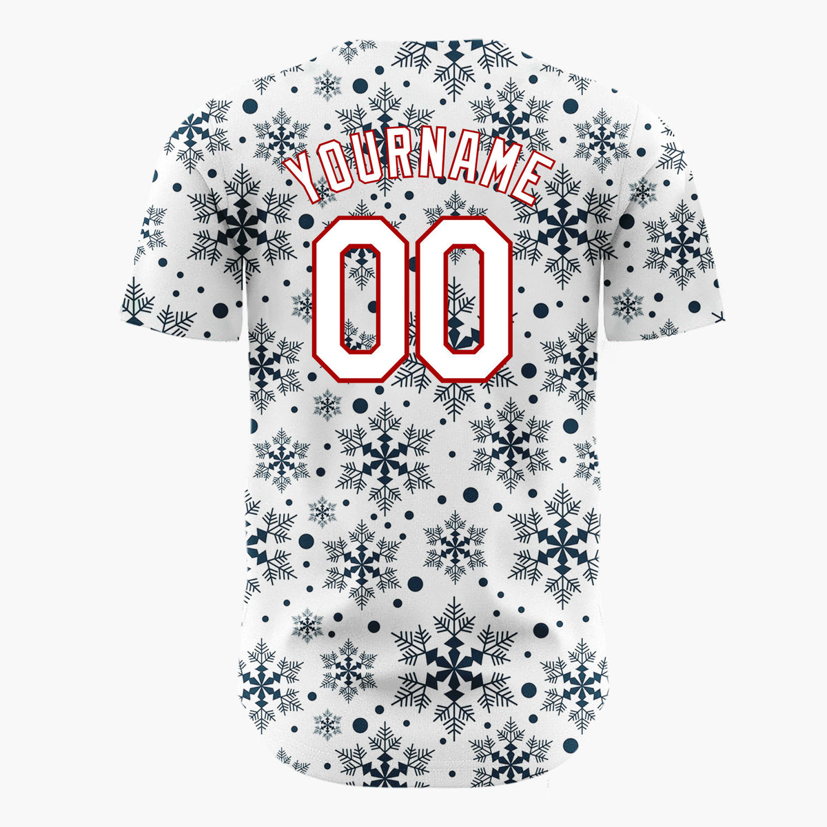 Custom White Dark Blue Snowflakes Repeat Geometric Pattern Christmas Baseball Jersey