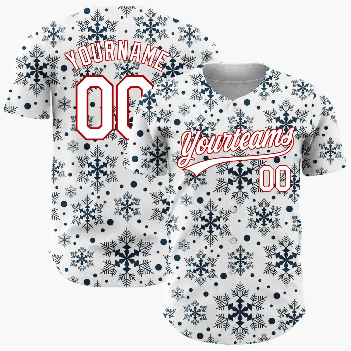 Custom White Dark Blue Snowflakes Repeat Geometric Pattern Christmas Baseball Jersey