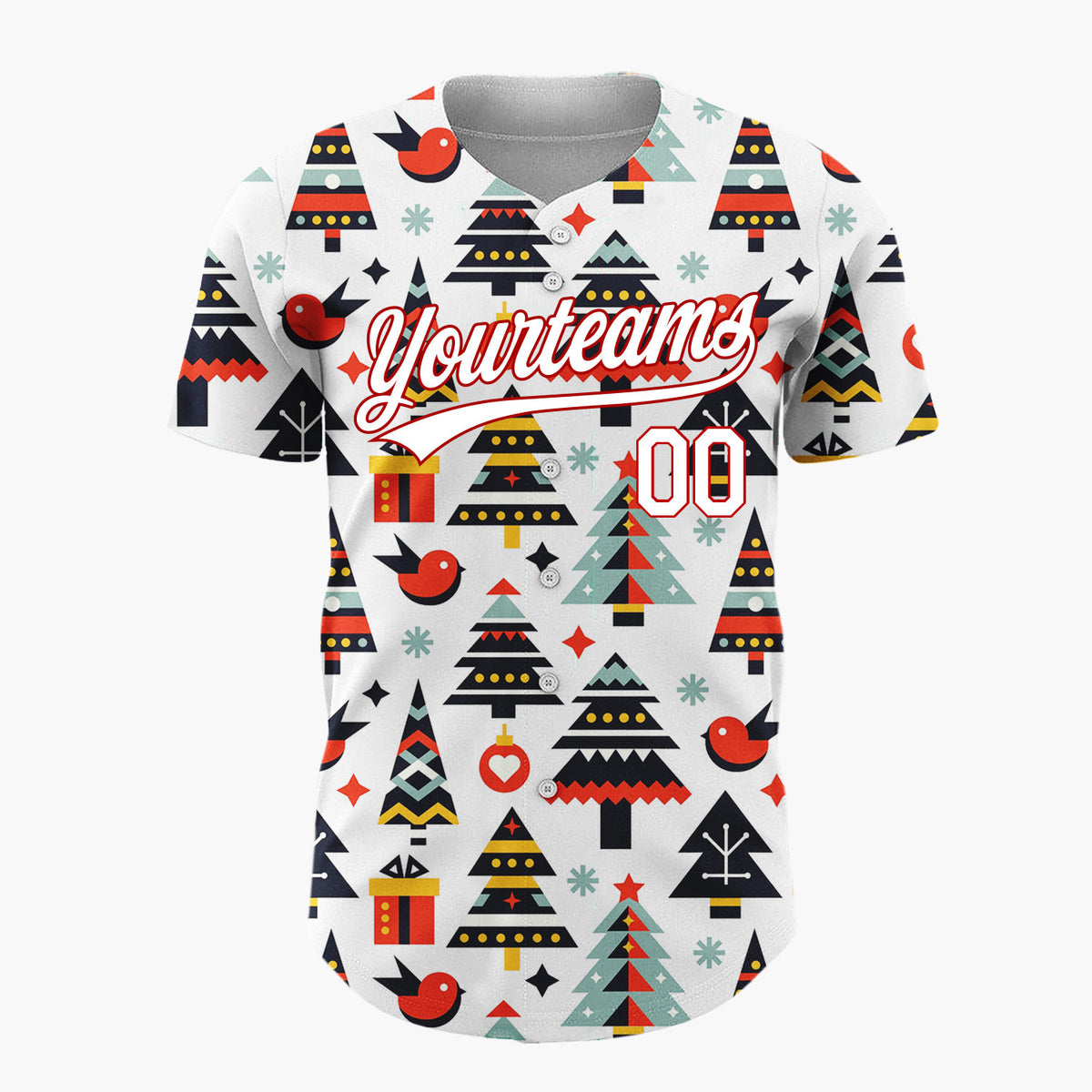 Custom White Christmas Trees Bird And Gifts Geometric Christmas Baseball Jersey