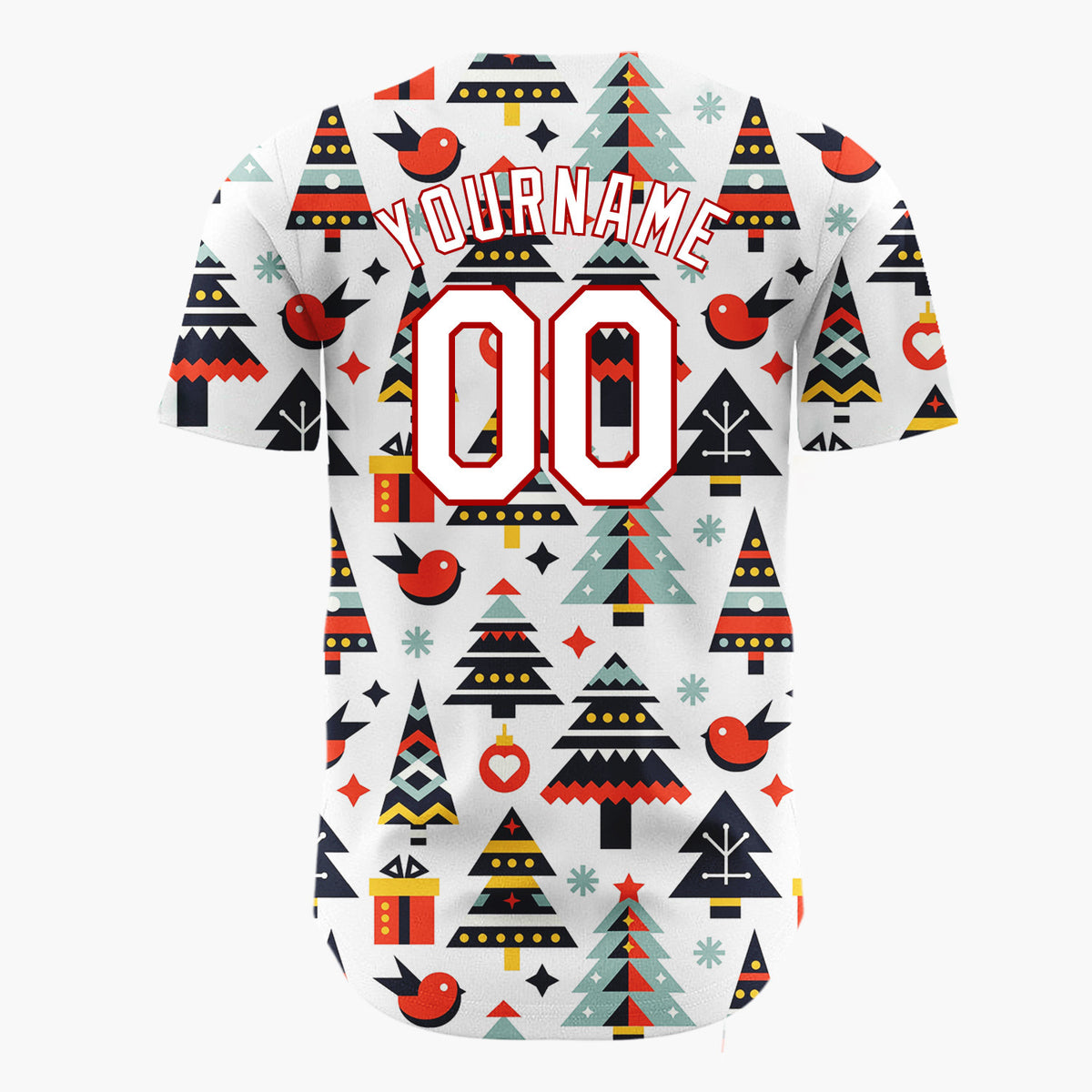Custom White Christmas Trees Bird And Gifts Geometric Christmas Baseball Jersey