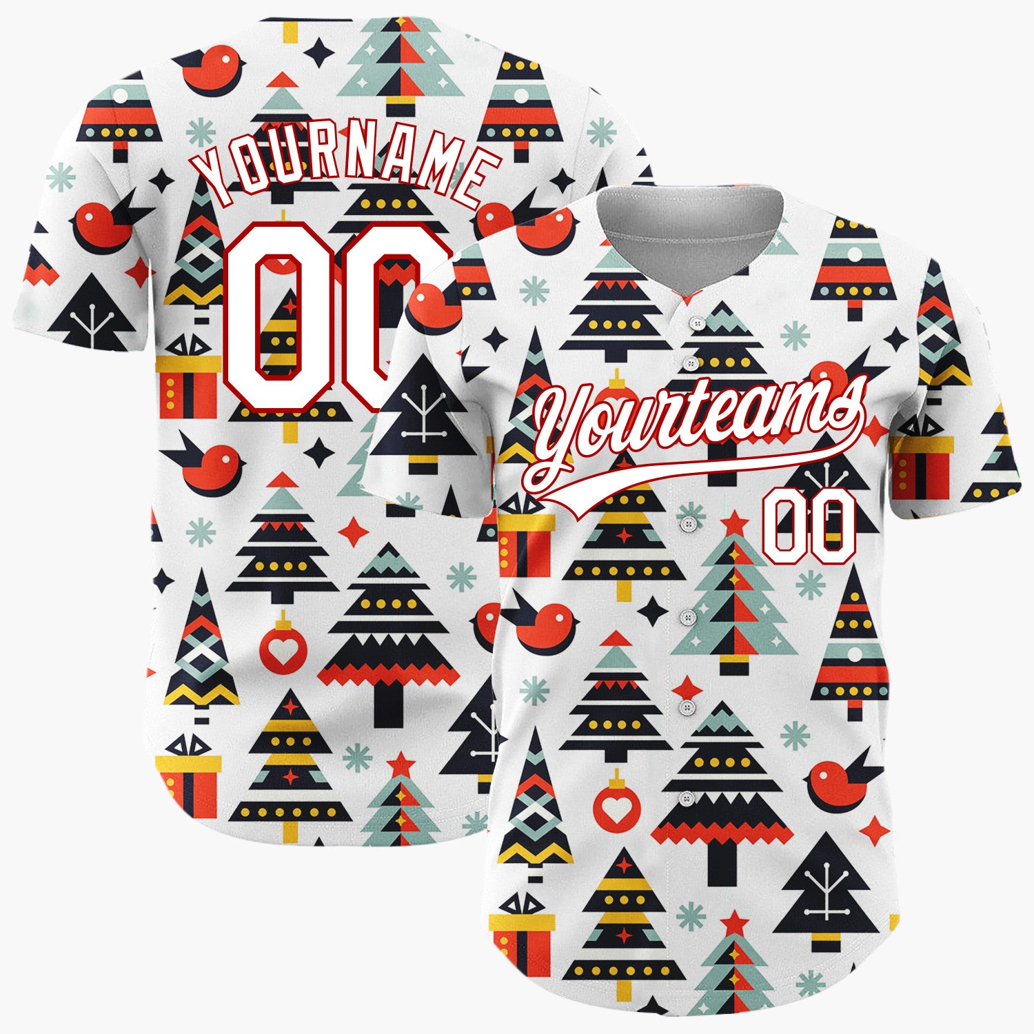 Custom White Christmas Trees Bird And Gifts Geometric Christmas Baseball Jersey