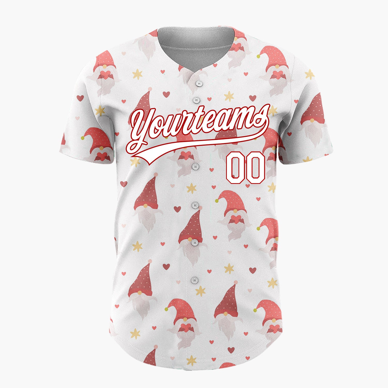 Custom White Red Christmas Gnomes With Hearts And Stars Festive Pattern Christmas Baseball Jersey
