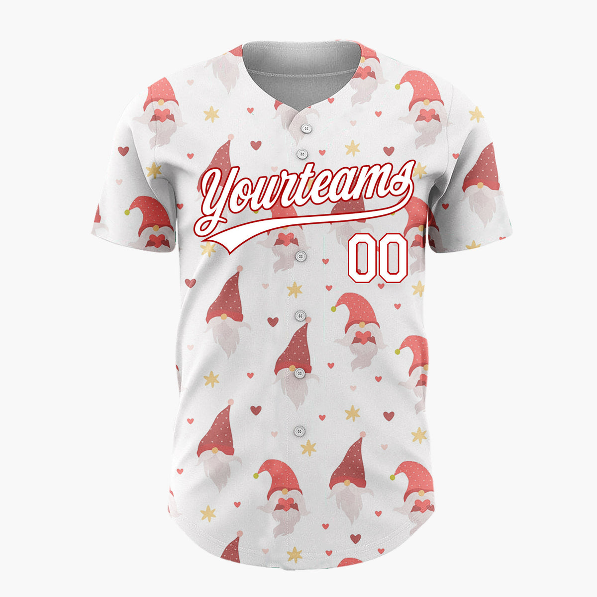 Custom White Red Christmas Gnomes With Hearts And Stars Festive Pattern Christmas Baseball Jersey
