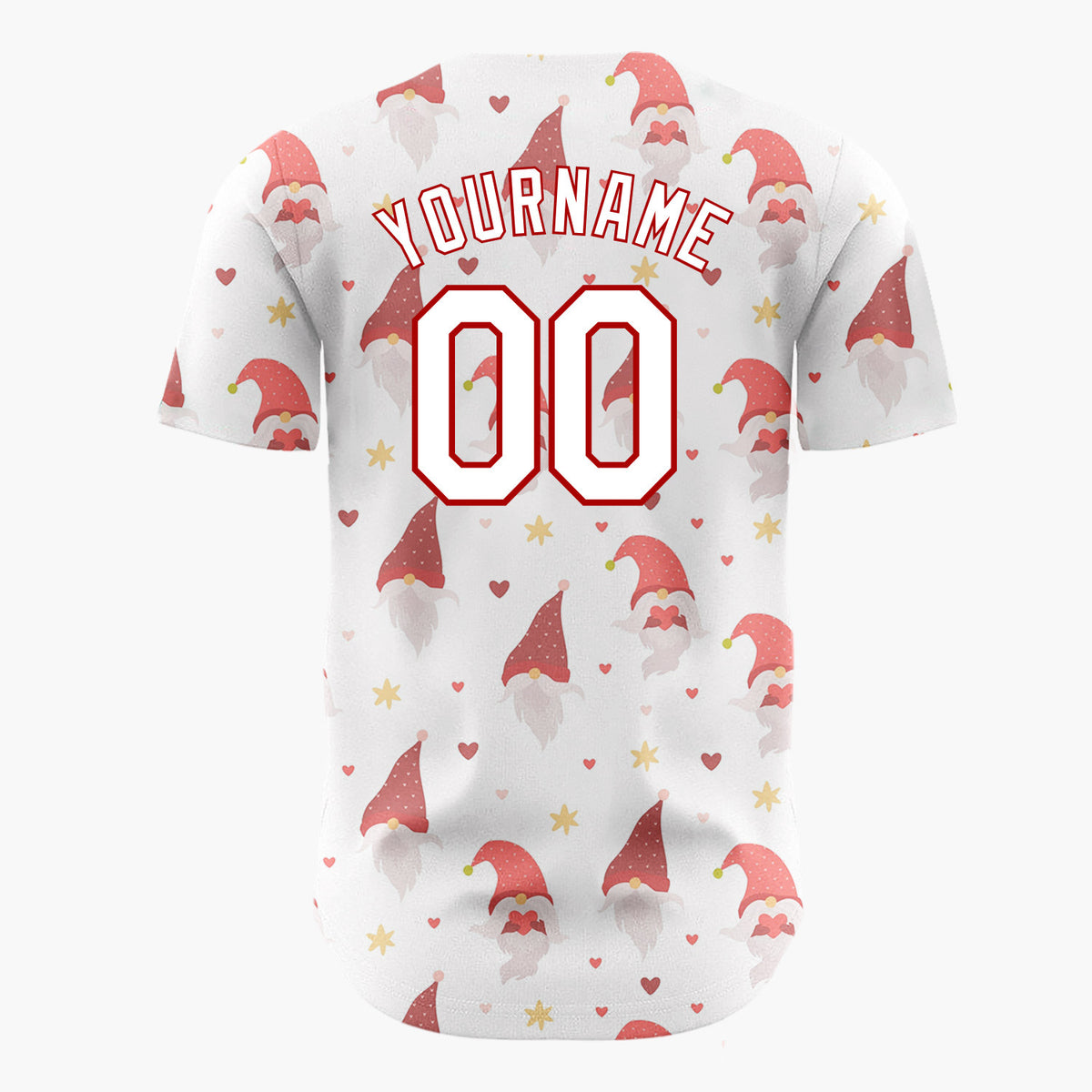 Custom White Red Christmas Gnomes With Hearts And Stars Festive Pattern Christmas Baseball Jersey