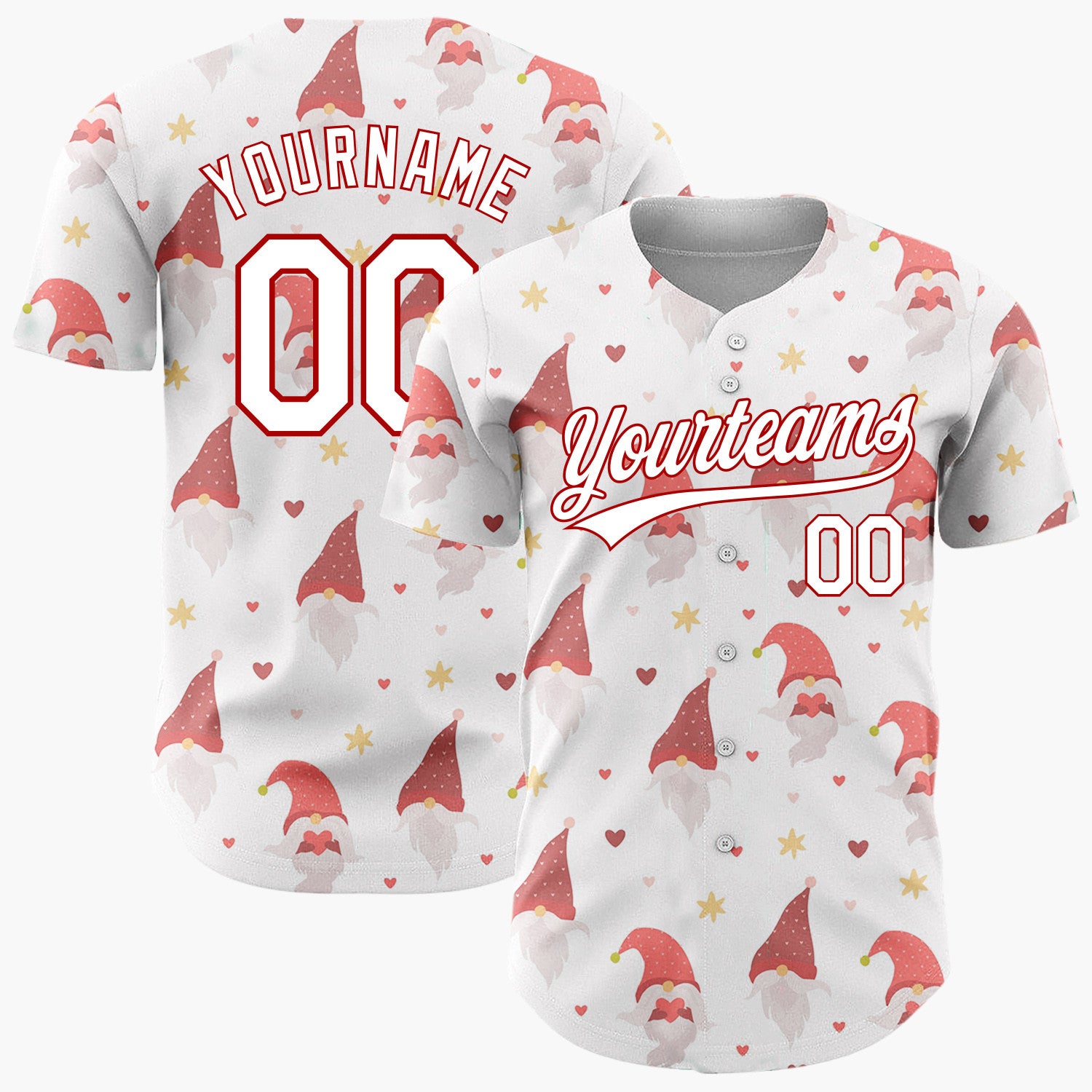 Custom White Red Christmas Gnomes With Hearts And Stars Festive Pattern Christmas Baseball Jersey