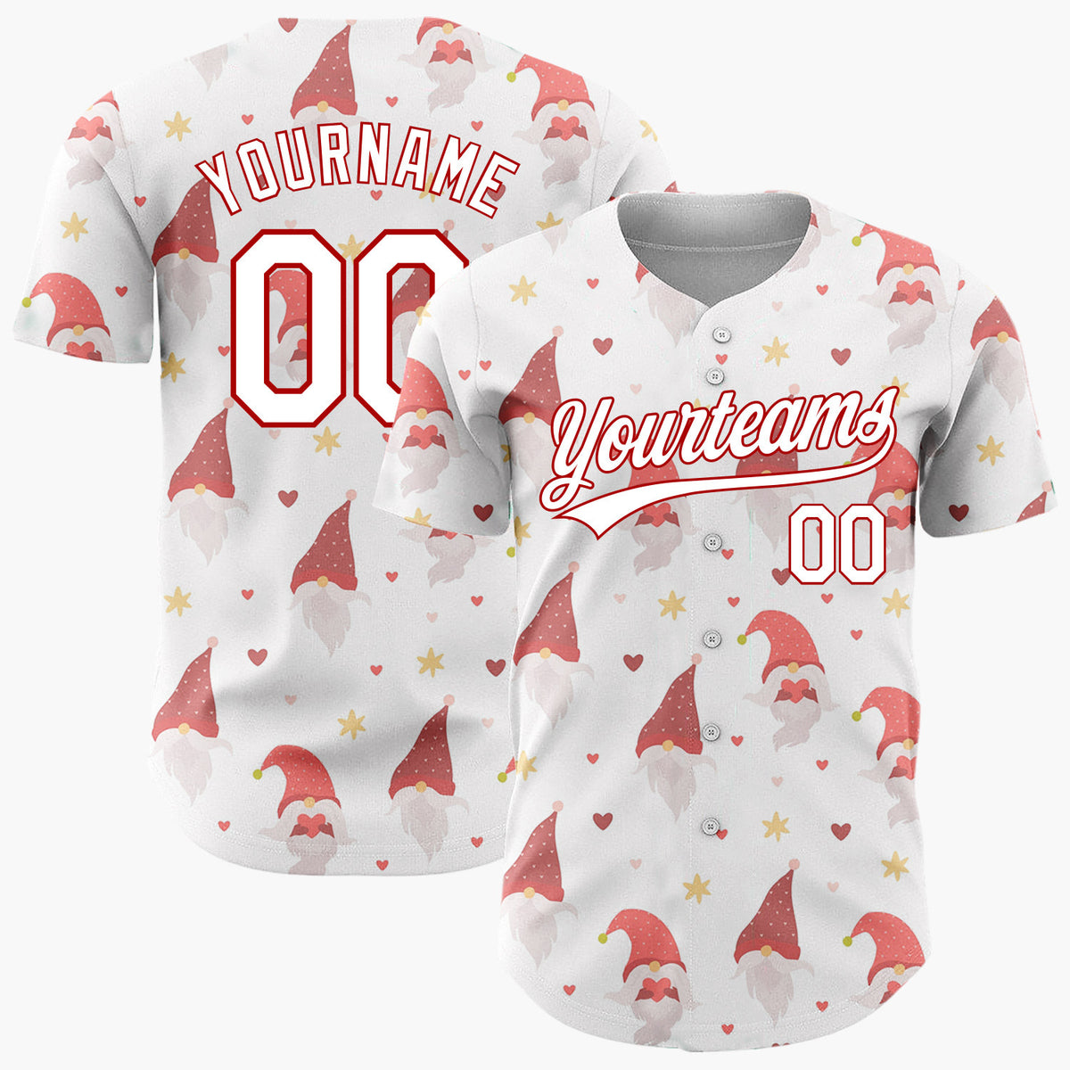 Custom White Red Christmas Gnomes With Hearts And Stars Festive Pattern Christmas Baseball Jersey