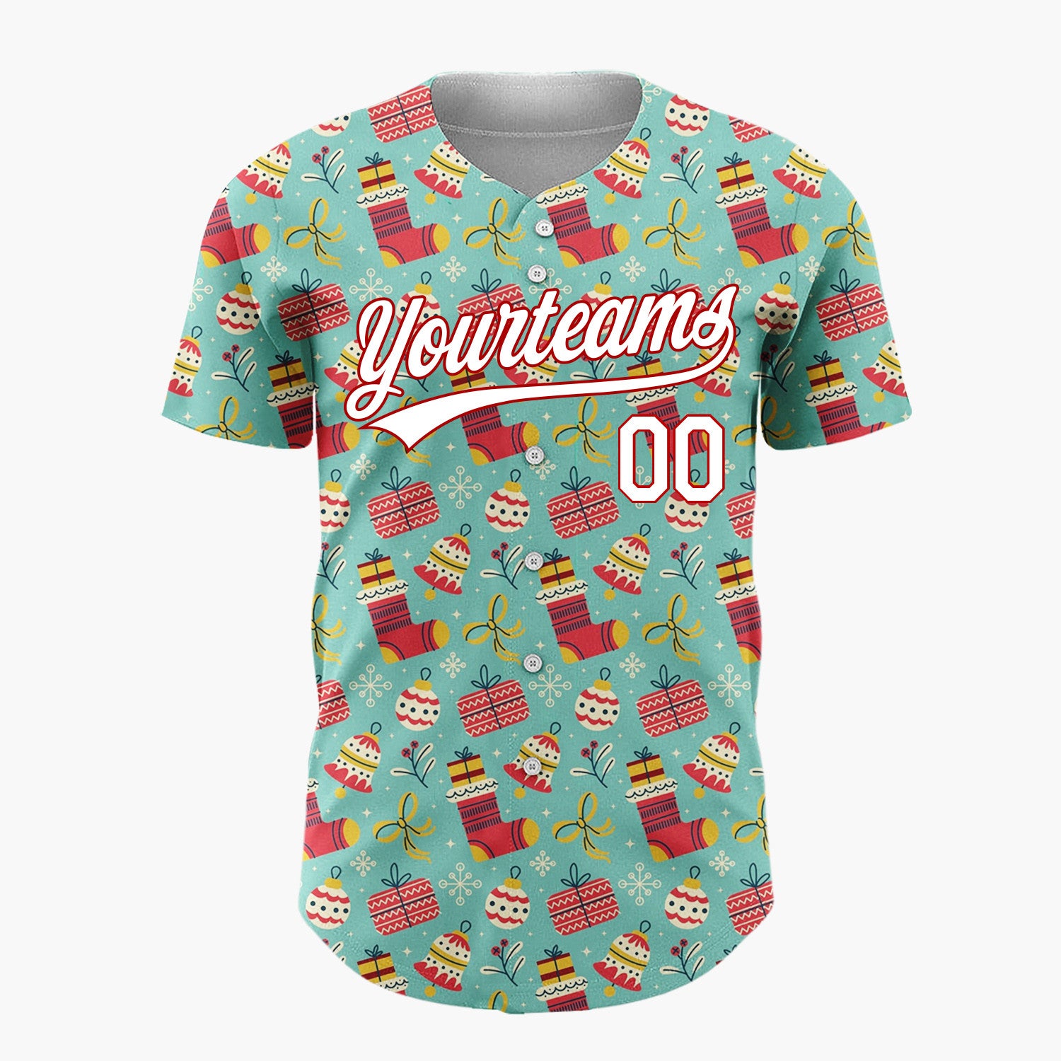 Custom Teal Red Stockings Presents And Baubles Christmas Doodle Pattern Christmas Baseball Jersey