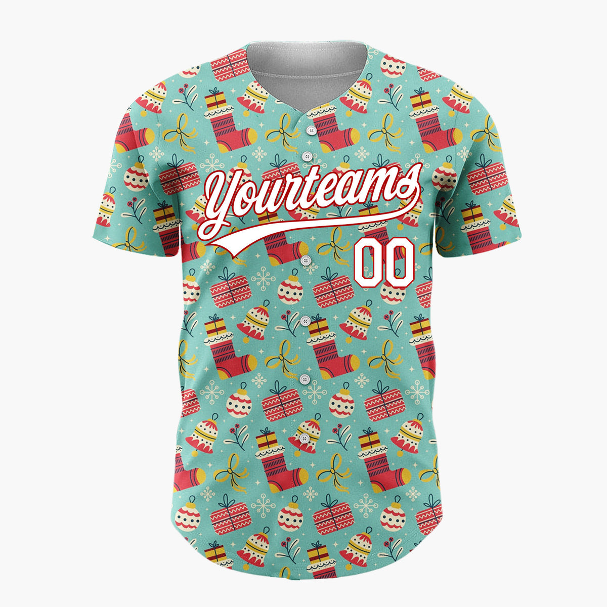 Custom Teal Red Stockings Presents And Baubles Christmas Doodle Pattern Christmas Baseball Jersey