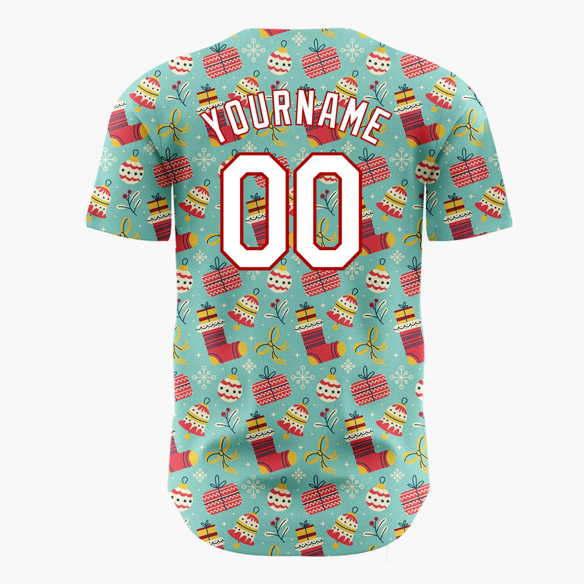 Custom Teal Red Stockings Presents And Baubles Christmas Doodle Pattern Christmas Baseball Jersey