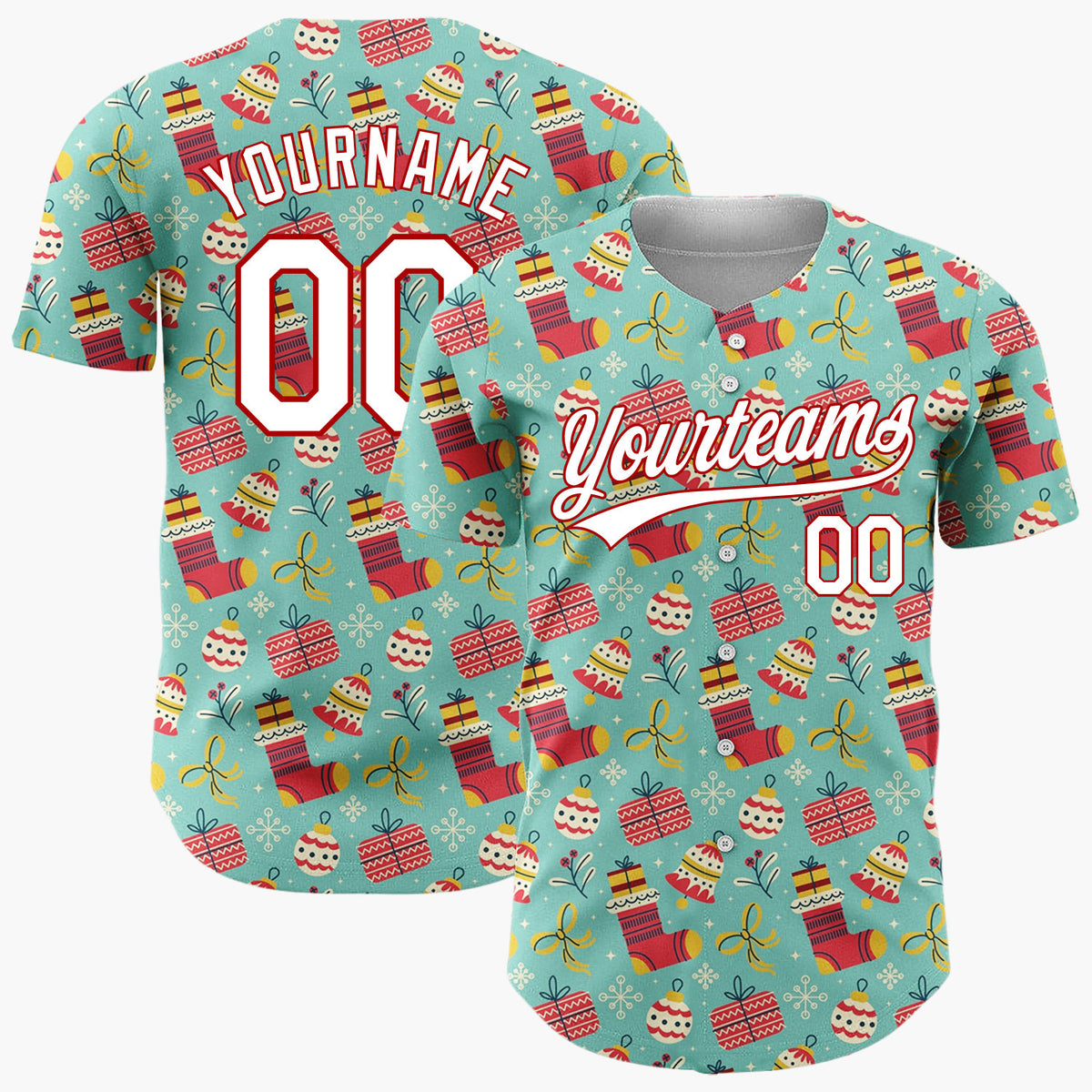Custom Teal Red Stockings Presents And Baubles Christmas Doodle Pattern Christmas Baseball Jersey