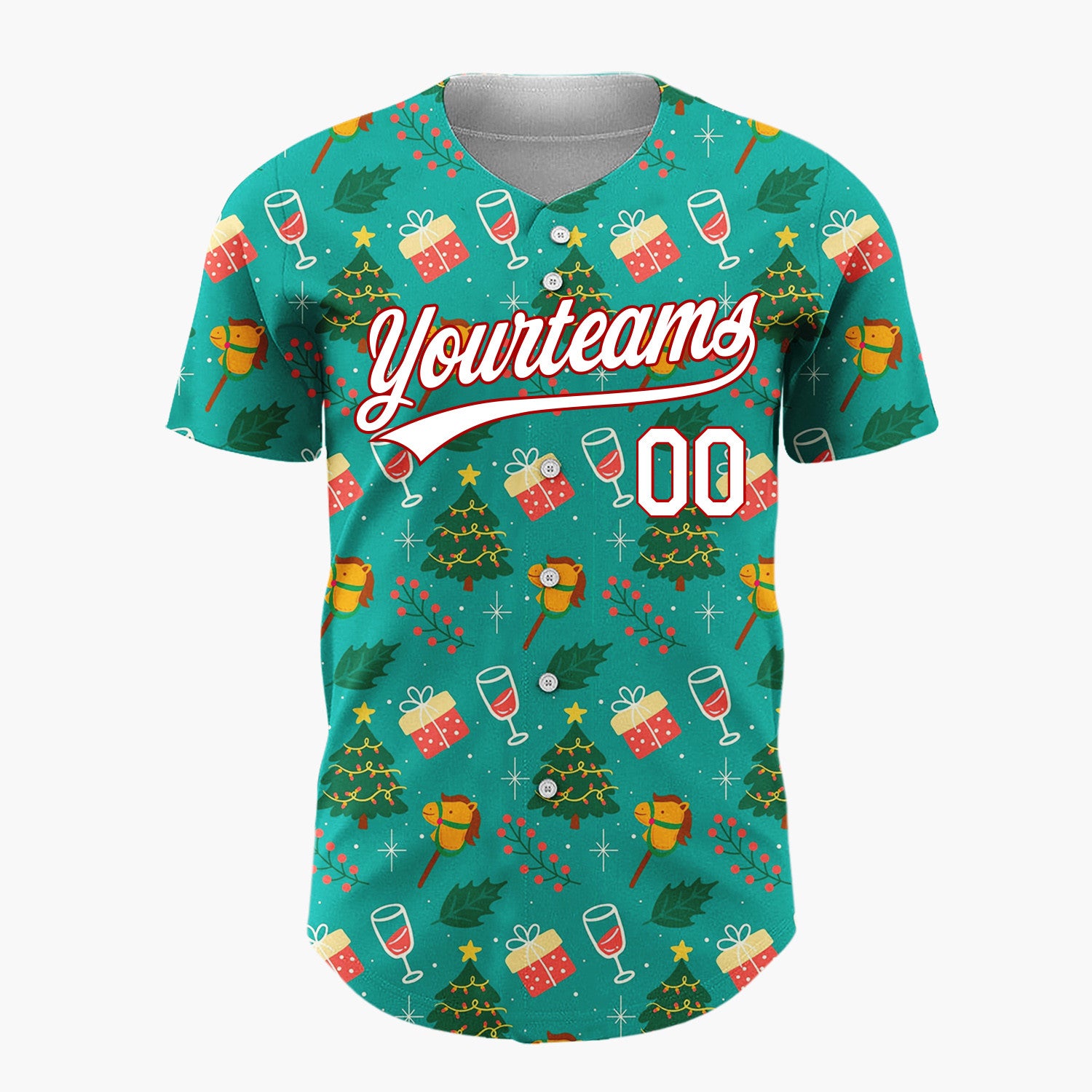 Custom Teal Green Trees Gifts And Rocking Horses Festive Christmas Baseball Jersey