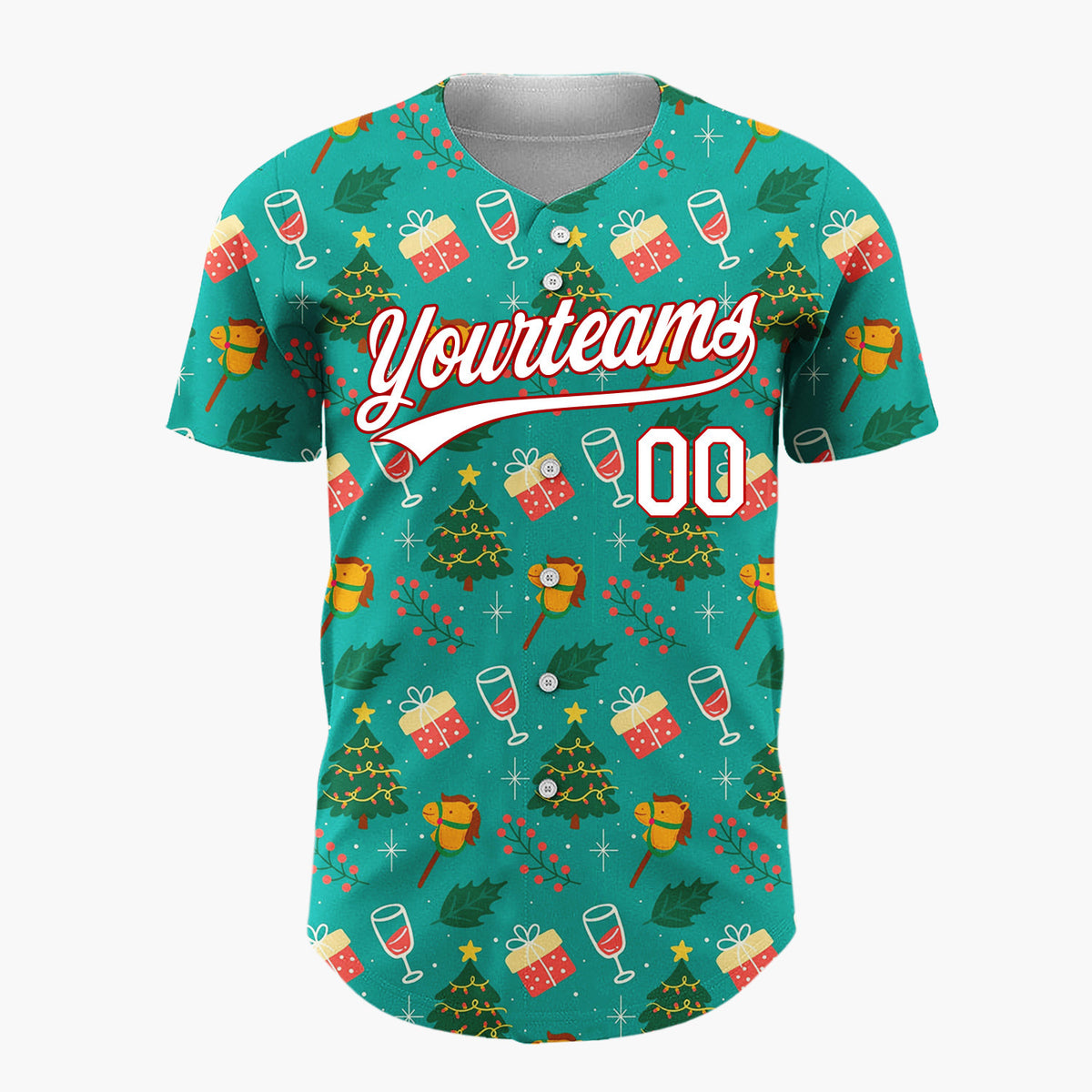 Custom Teal Green Trees Gifts And Rocking Horses Festive Christmas Baseball Jersey