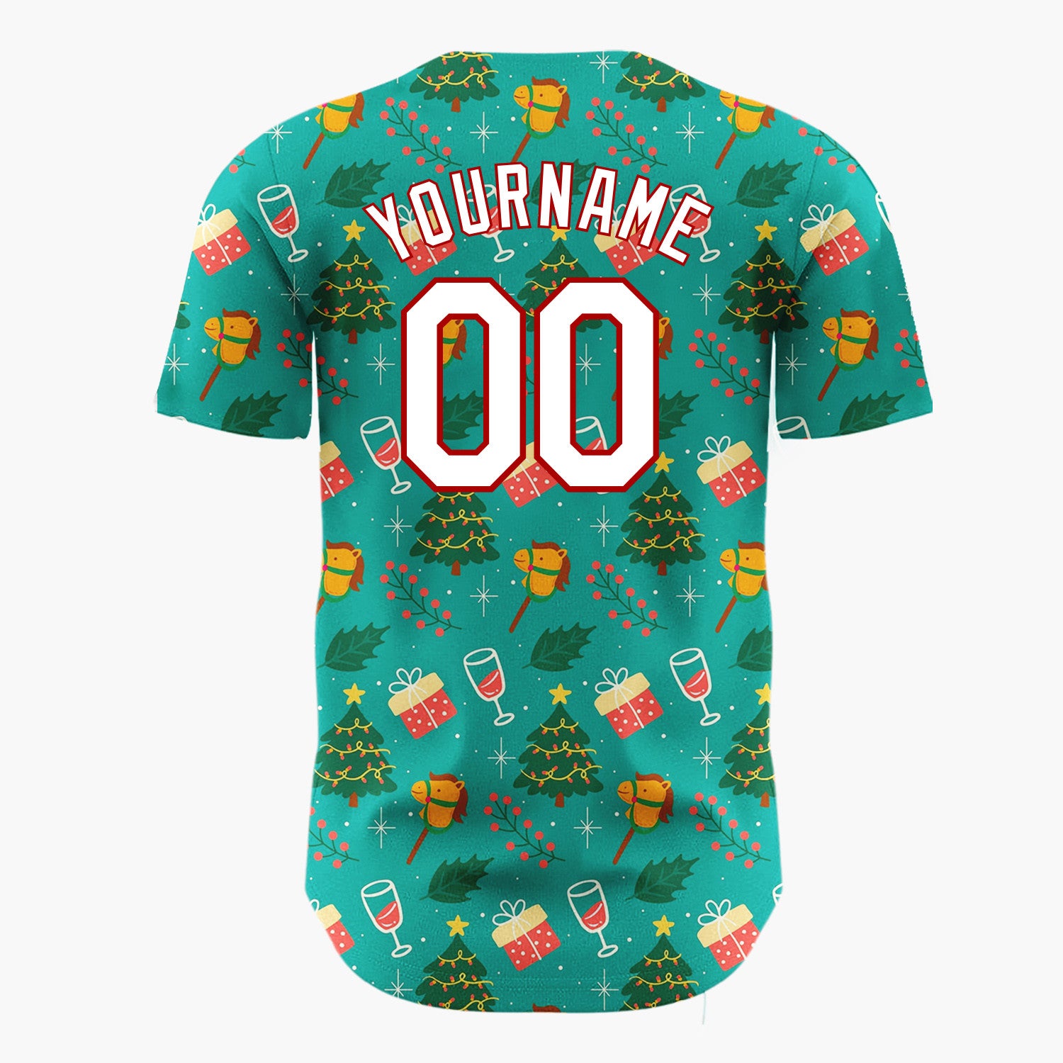 Custom Teal Green Trees Gifts And Rocking Horses Festive Christmas Baseball Jersey