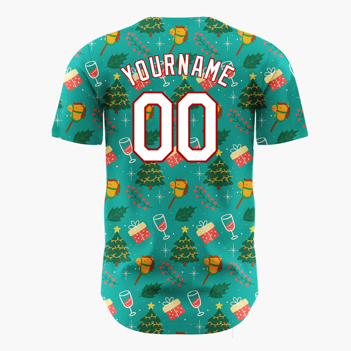 Custom Teal Green Trees Gifts And Rocking Horses Festive Christmas Baseball Jersey