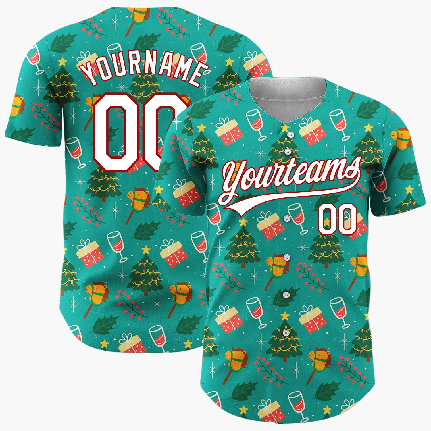 Custom Teal Green Trees Gifts And Rocking Horses Festive Christmas Baseball Jersey