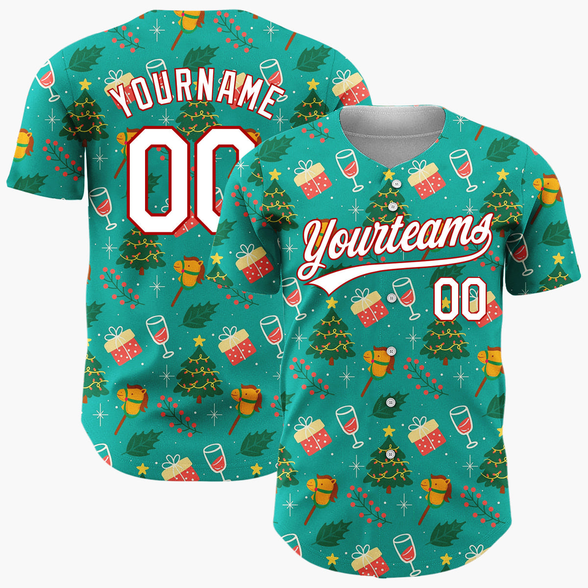 Custom Teal Green Trees Gifts And Rocking Horses Festive Christmas Baseball Jersey