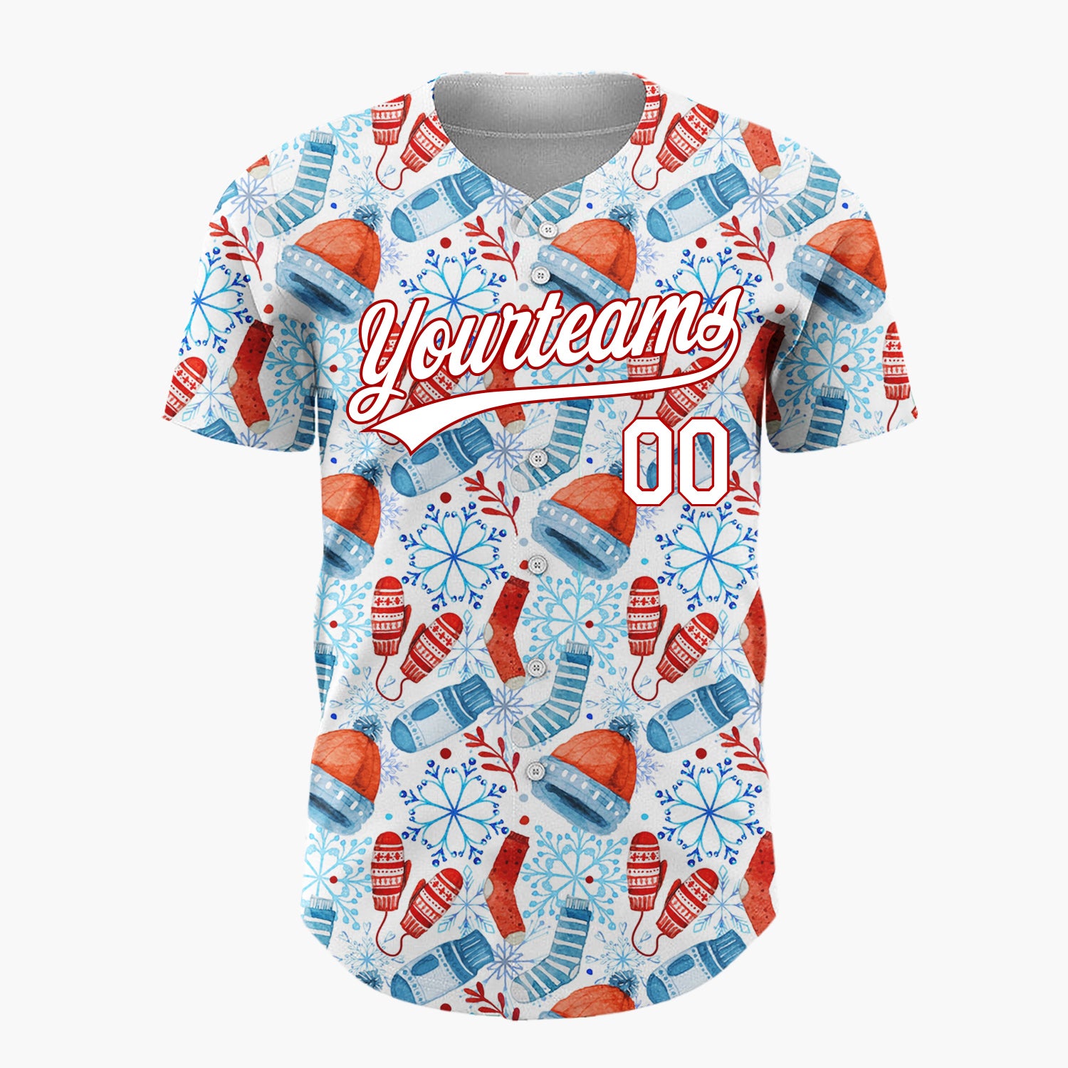 Custom White Red Blue Winter Wear Watercolor Pattern Christmas Baseball Jersey