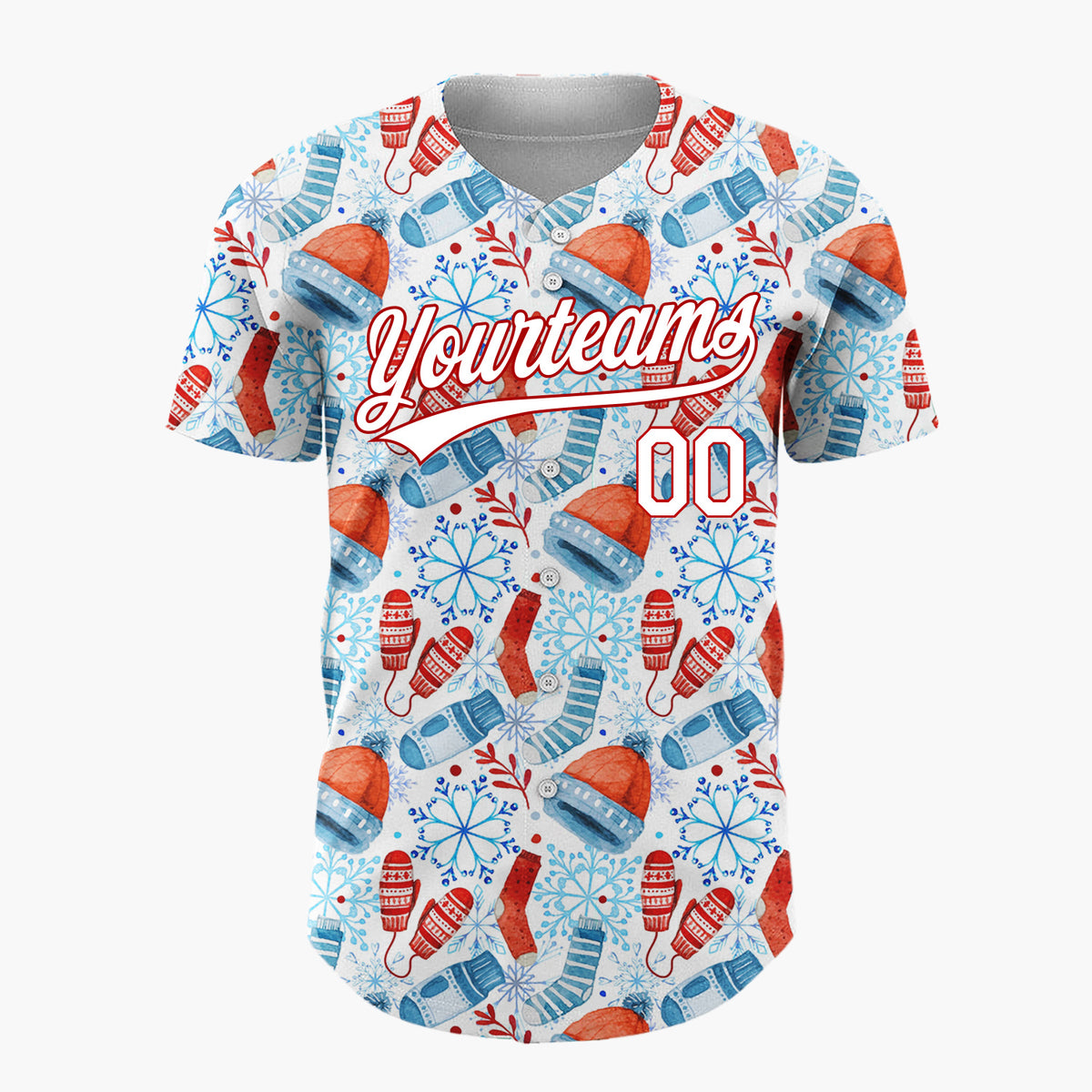 Custom White Red Blue Winter Wear Watercolor Pattern Christmas Baseball Jersey