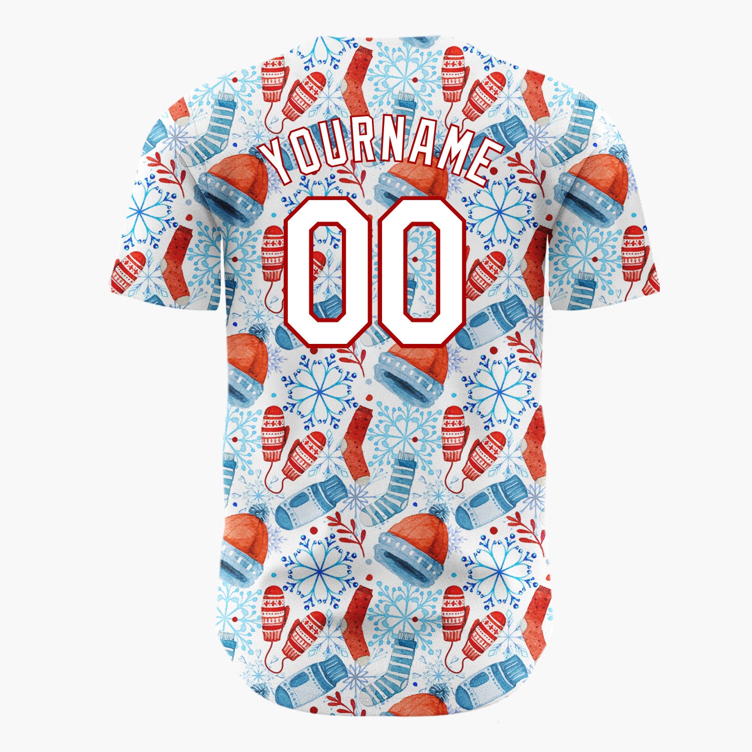 Custom White Red Blue Winter Wear Watercolor Pattern Christmas Baseball Jersey