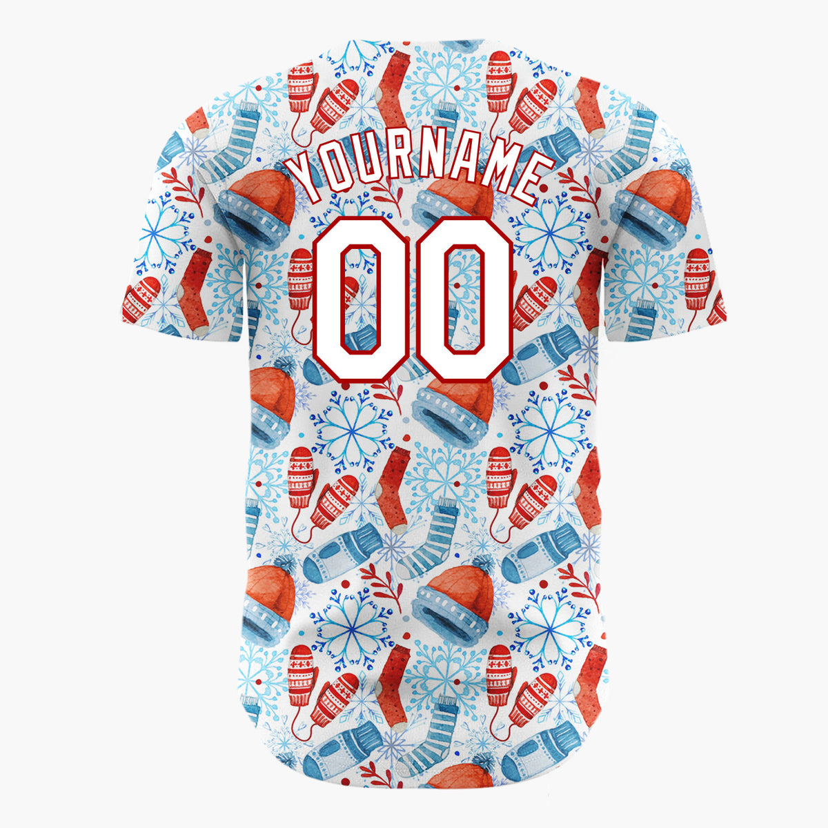 Custom White Red Blue Winter Wear Watercolor Pattern Christmas Baseball Jersey