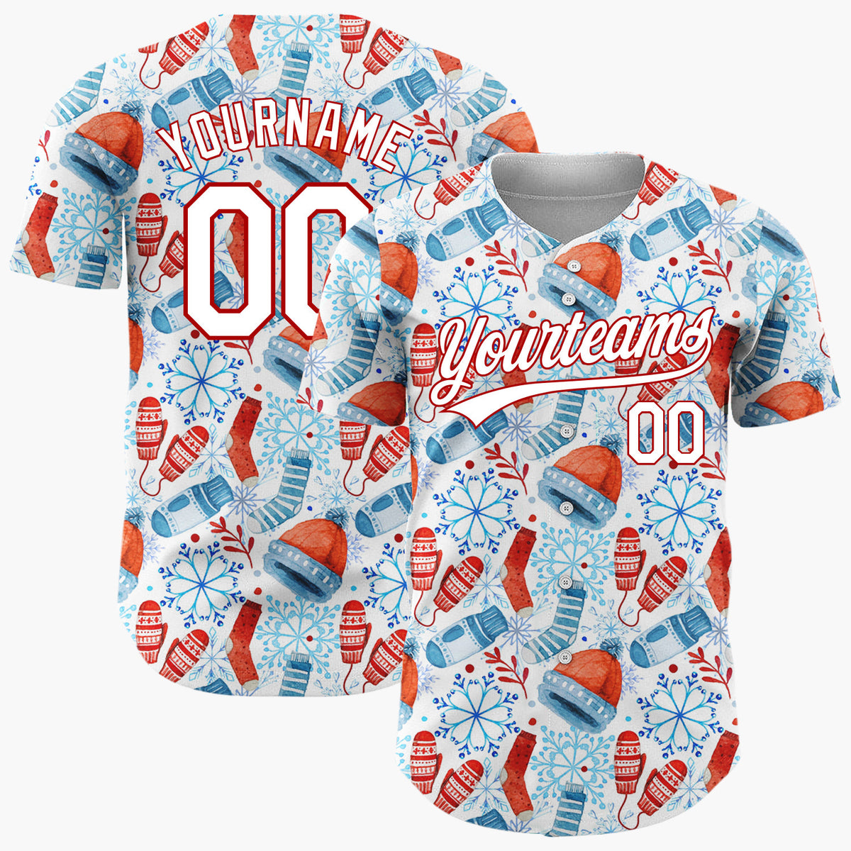 Custom White Red Blue Winter Wear Watercolor Pattern Christmas Baseball Jersey