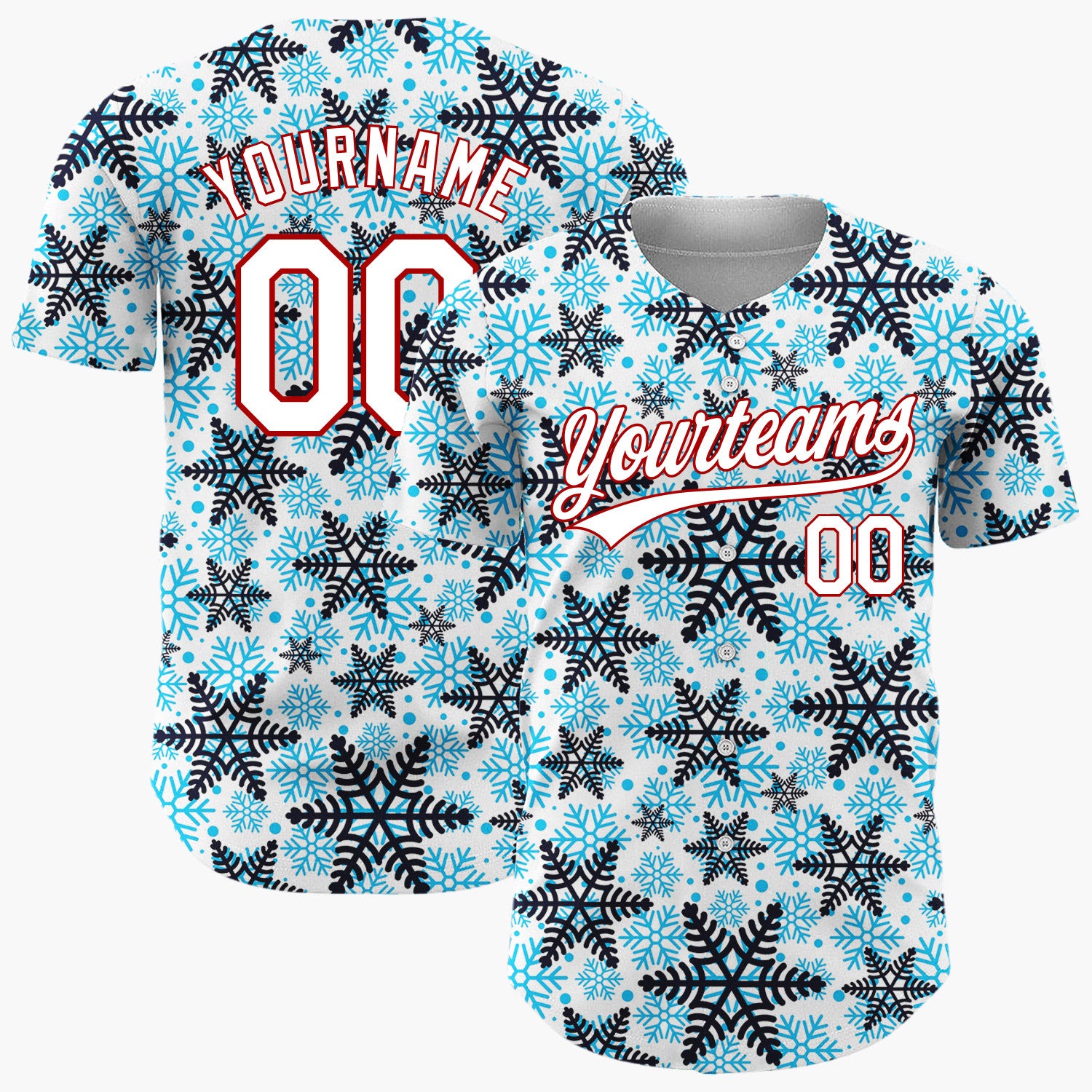 Custom White Layered Blue Snowflakes Repeat Pattern Christmas Baseball Jersey