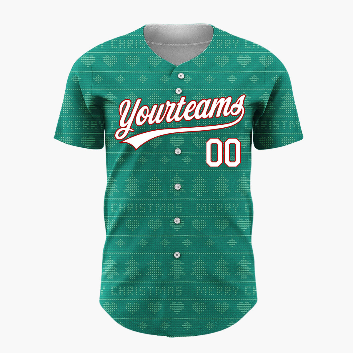 Custom Teal Green Trees And Text Christmas Knit Pattern Christmas Baseball Jersey