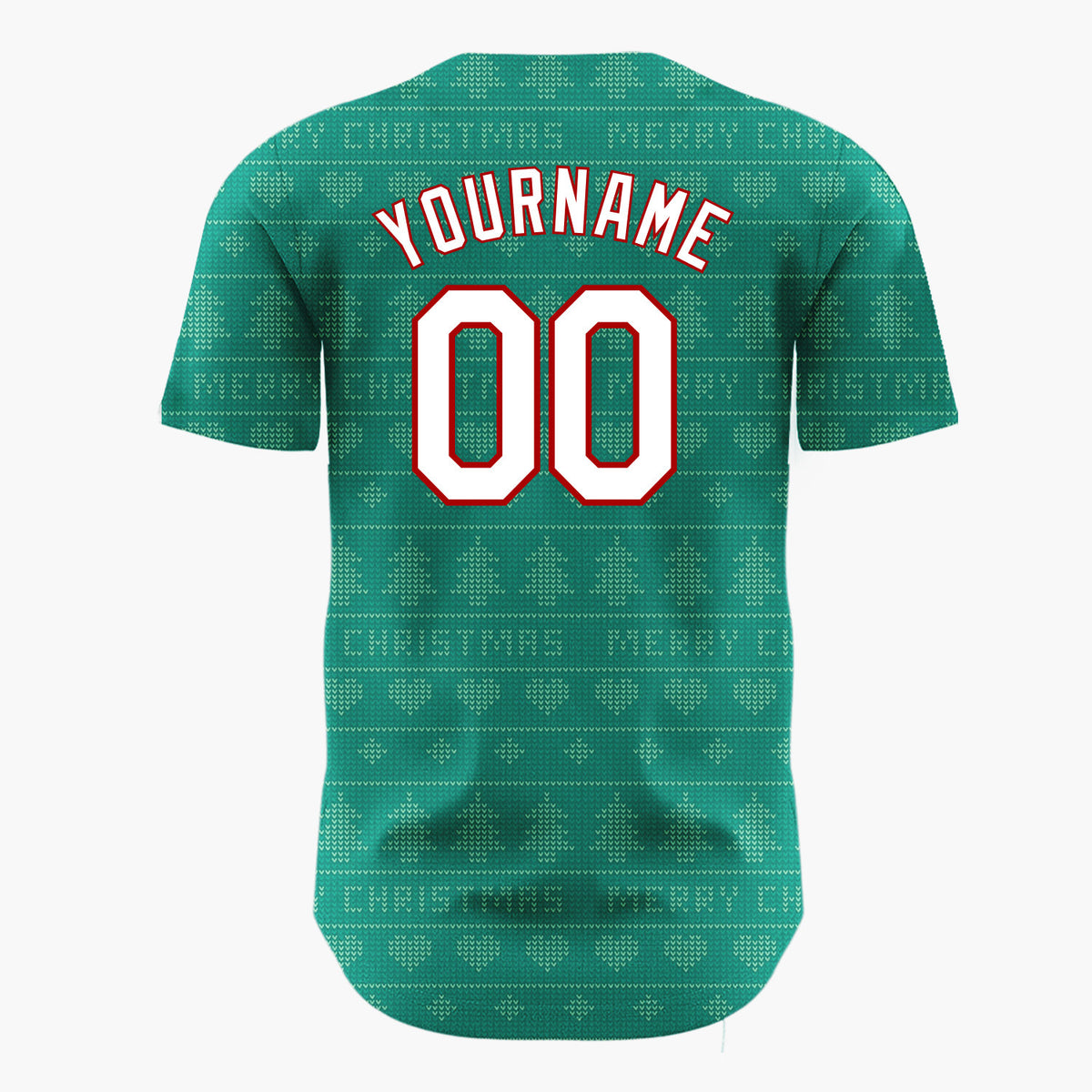 Custom Teal Green Trees And Text Christmas Knit Pattern Christmas Baseball Jersey
