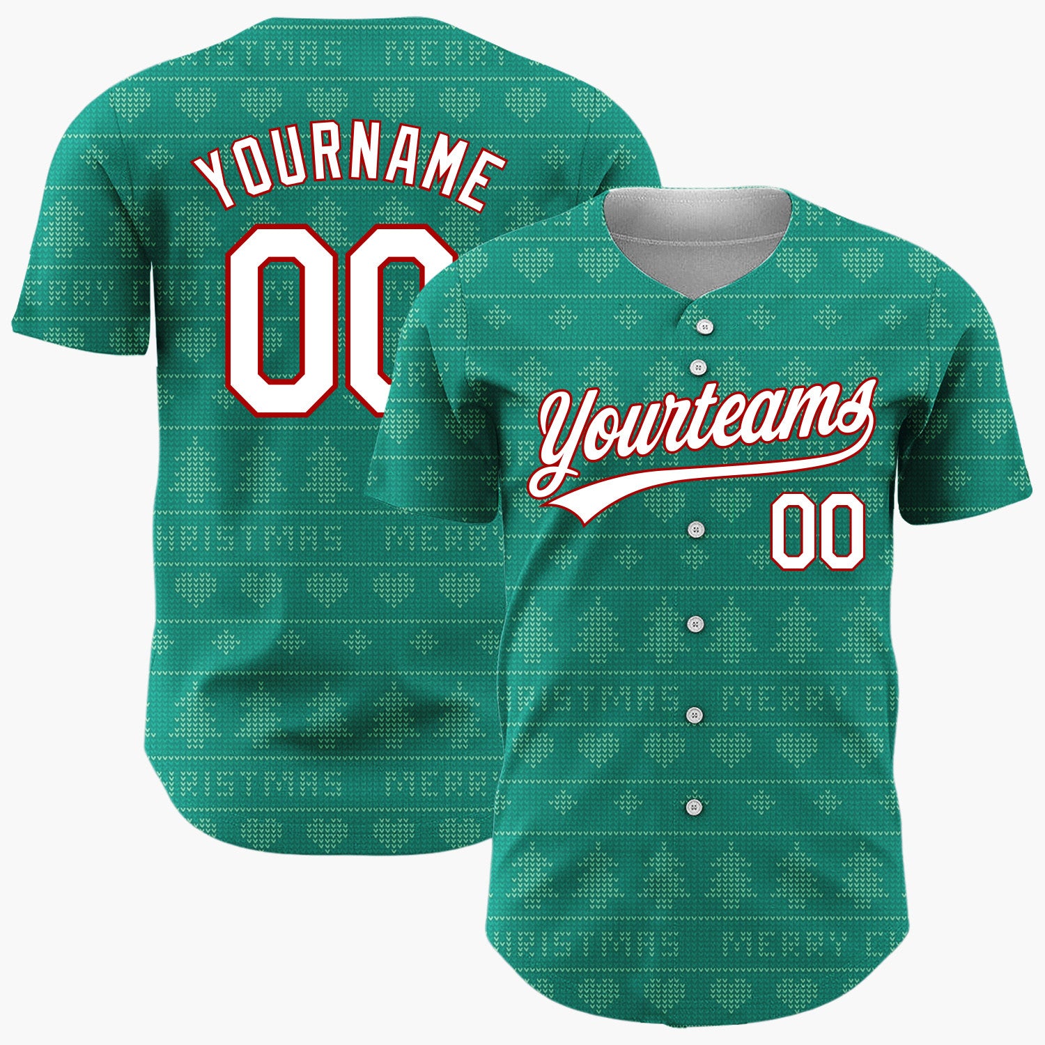Custom Teal Green Trees And Text Christmas Knit Pattern Christmas Baseball Jersey