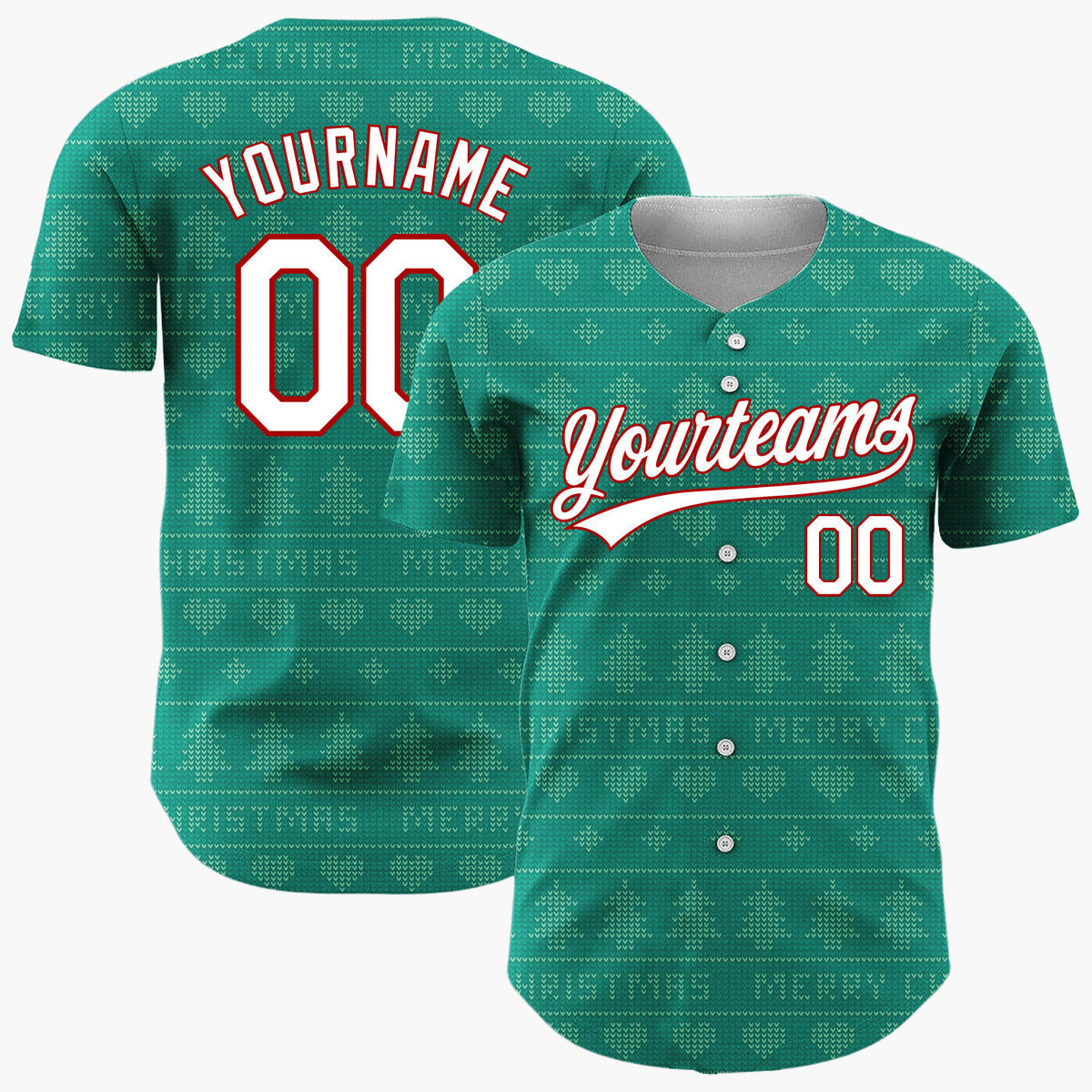 Custom Teal Green Trees And Text Christmas Knit Pattern Christmas Baseball Jersey