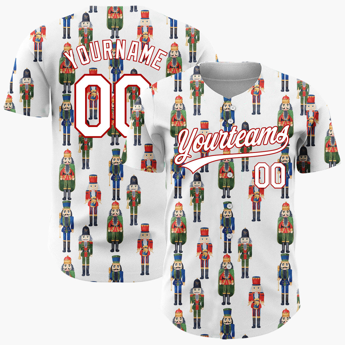 Custom White Nutcracker Toy Soldier Watercolor Pattern Christmas Baseball Jersey