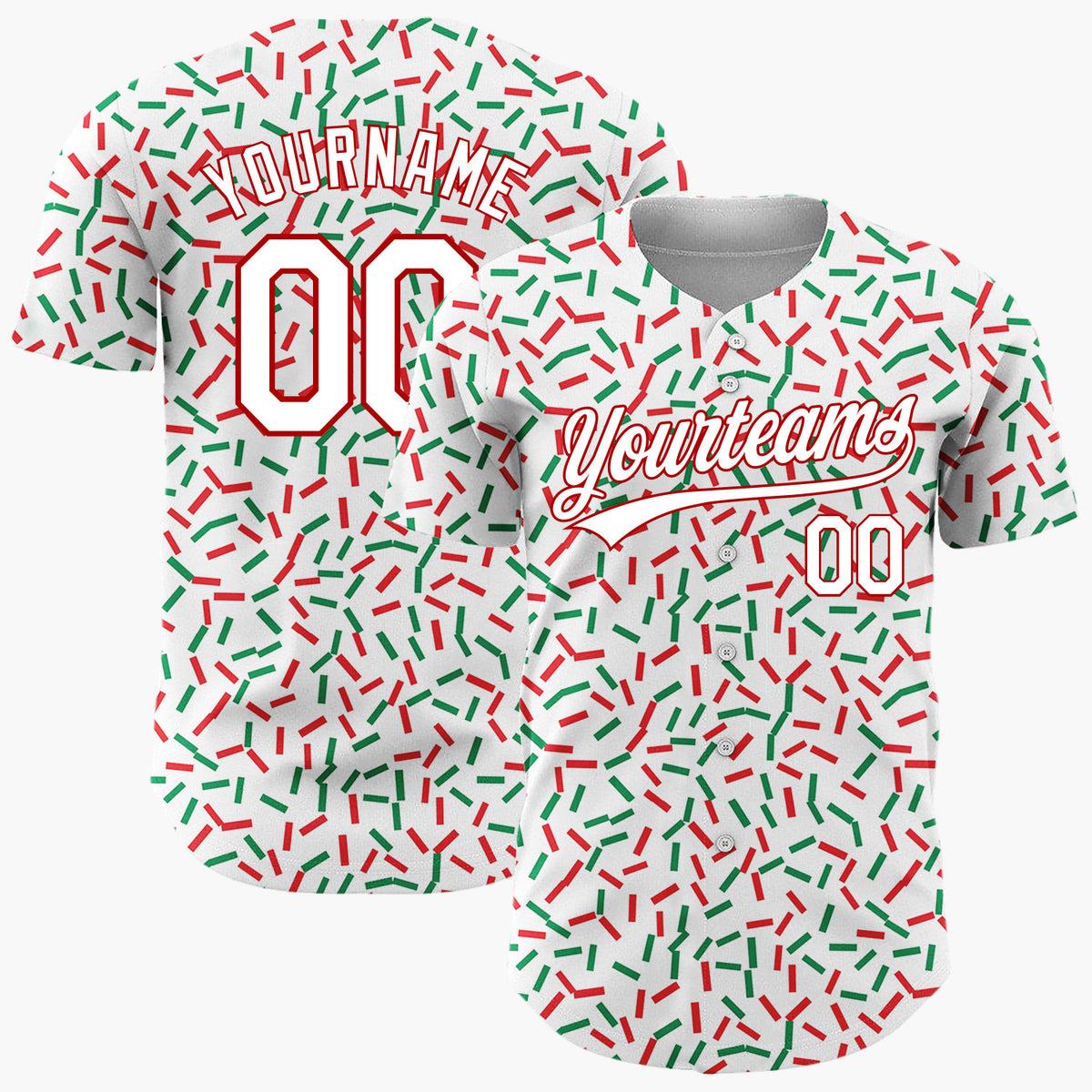 Custom White Red Green Confetti Sprinkles Abstract Pattern Christmas Baseball Jersey