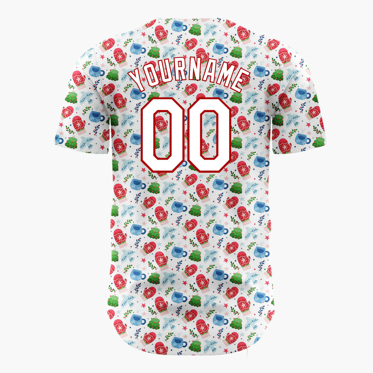 Custom White Red Blue Mittens Cups And Winter Leaves Cozy Christmas Baseball Jersey