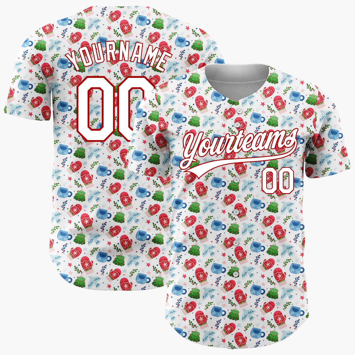 Custom White Red Blue Mittens Cups And Winter Leaves Cozy Christmas Baseball Jersey
