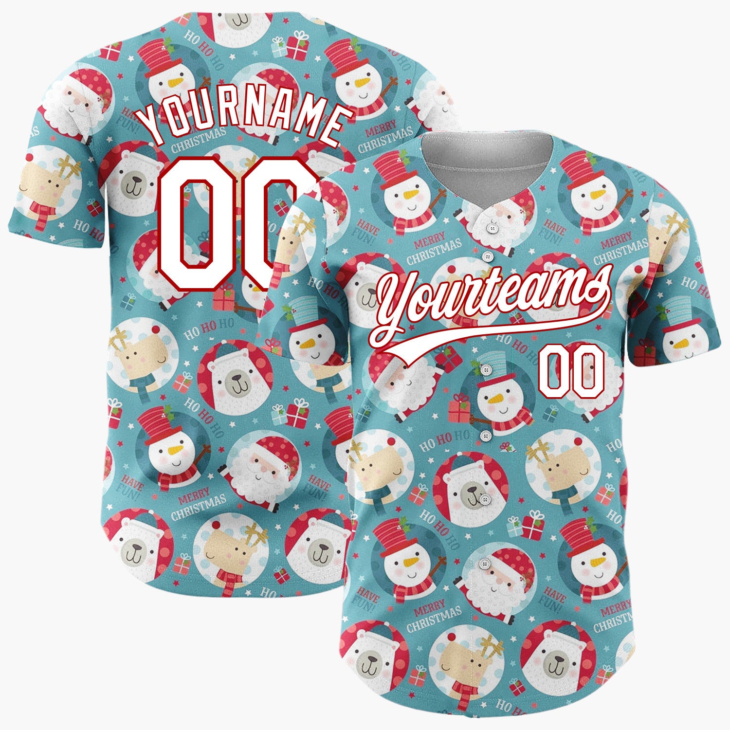 Custom Teal Christmas Character Circles Text Fun Illustration Christmas Baseball Jersey