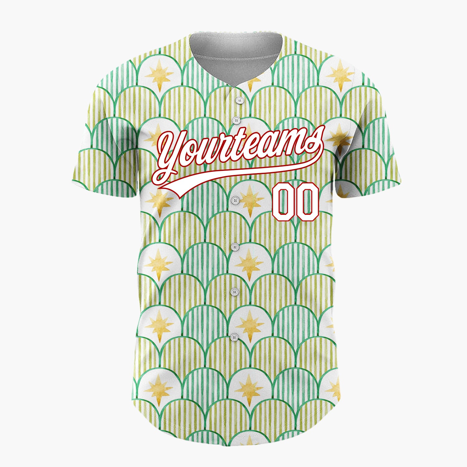 Custom White Green Scallop Scale And Star Watercolor Pattern Christmas Baseball Jersey