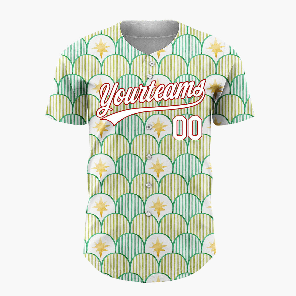 Custom White Green Scallop Scale And Star Watercolor Pattern Christmas Baseball Jersey