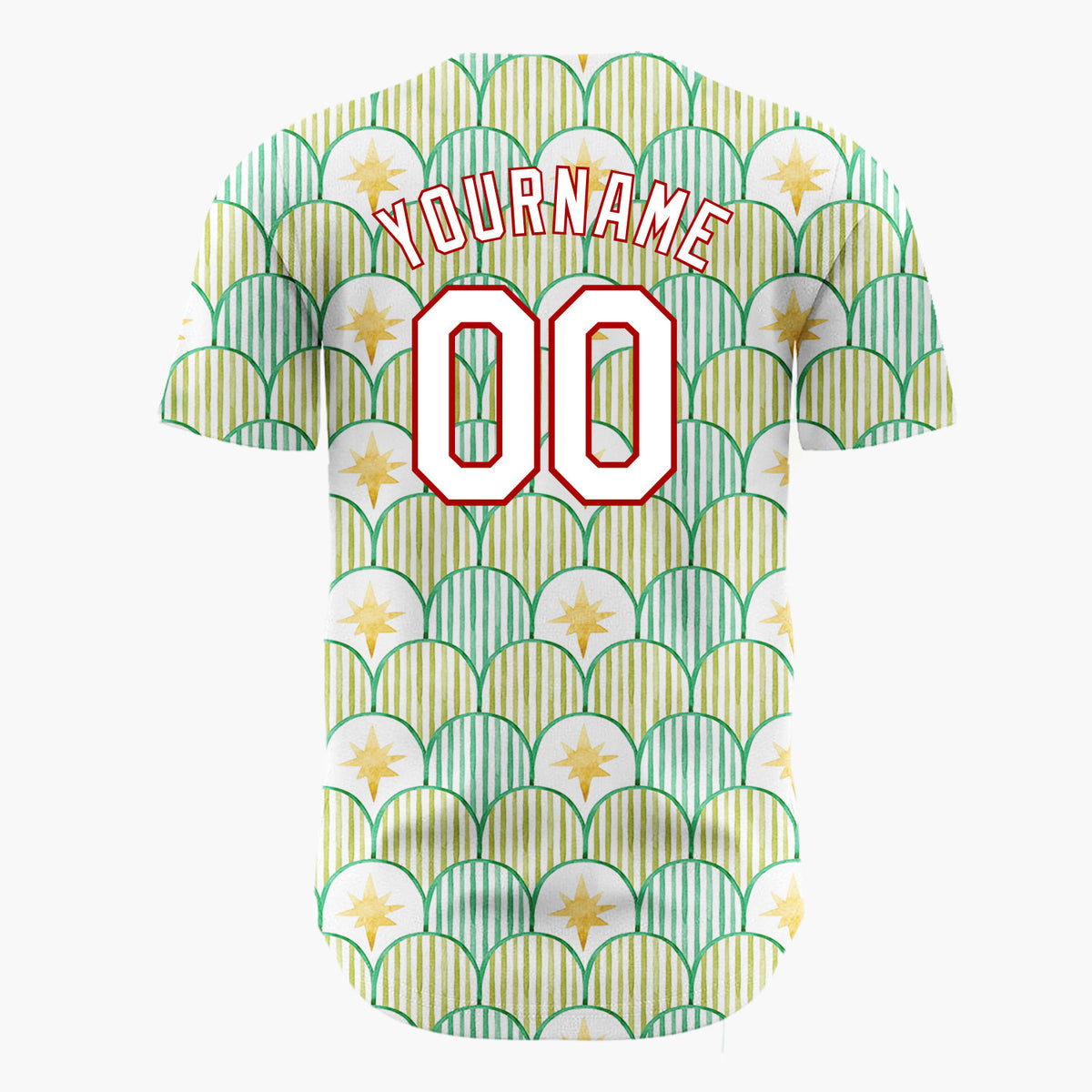 Custom White Green Scallop Scale And Star Watercolor Pattern Christmas Baseball Jersey